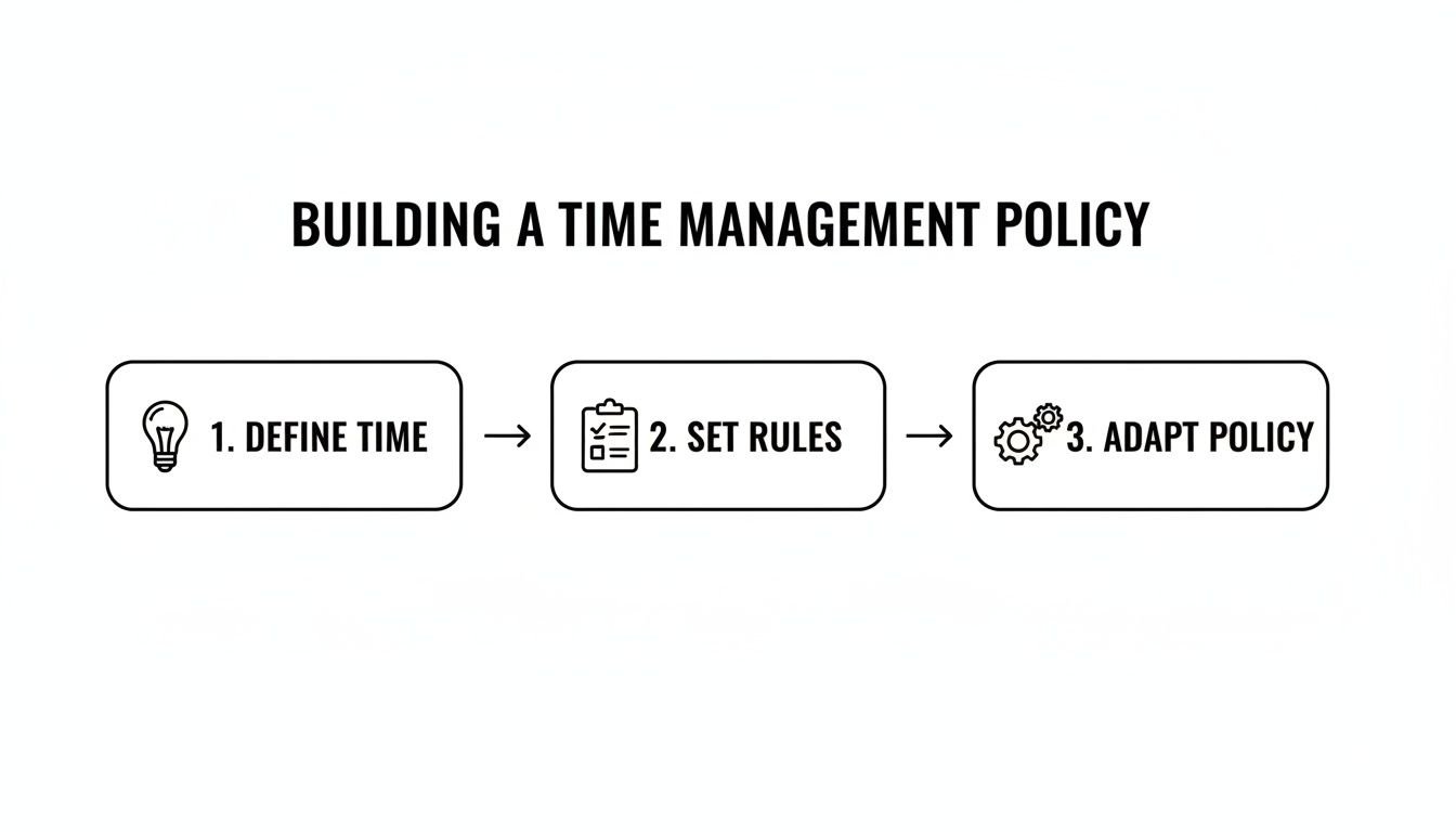 A three-step diagram illustrates building a time management policy: Define Time, Set Rules, and Adapt Policy.