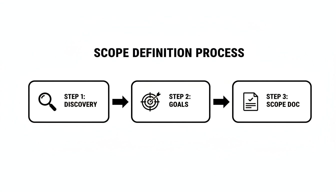 A flowchart outlining the scope definition process with three key steps: discovery, goals, and scope document.