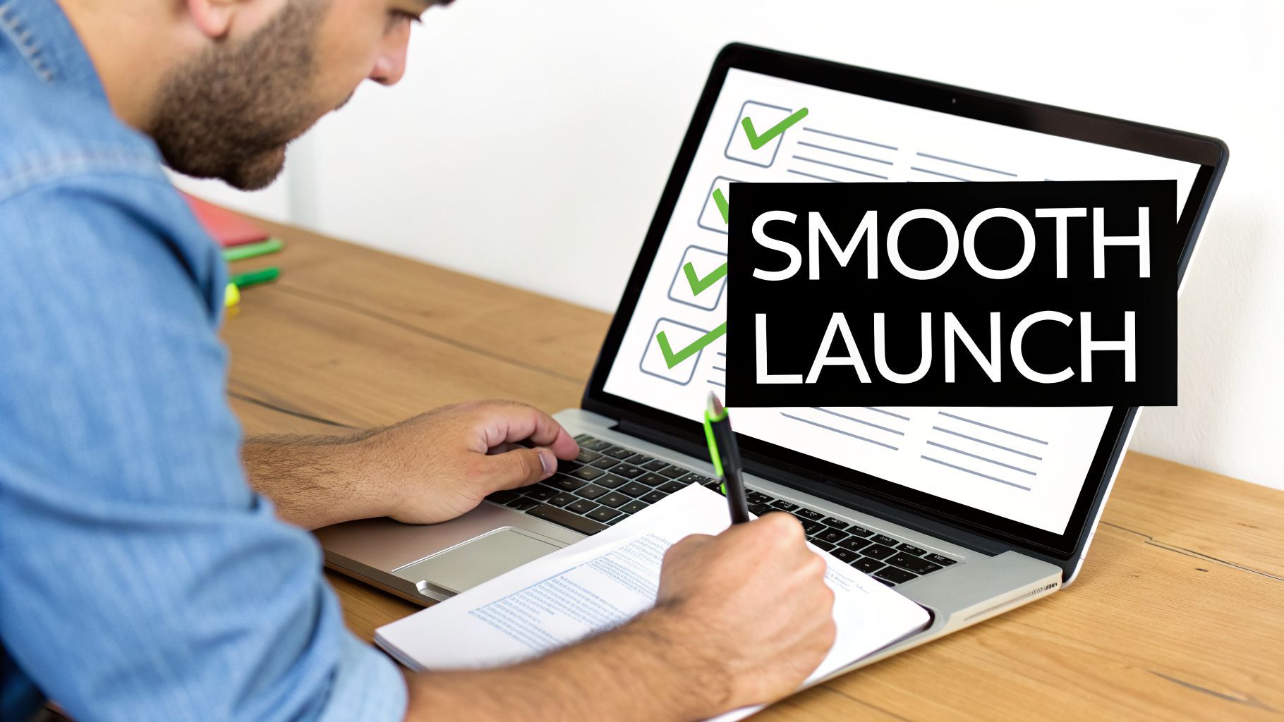 A man working on his laptop and writing, with 'SMOOTH LAUNCH' and a checklist on screen.