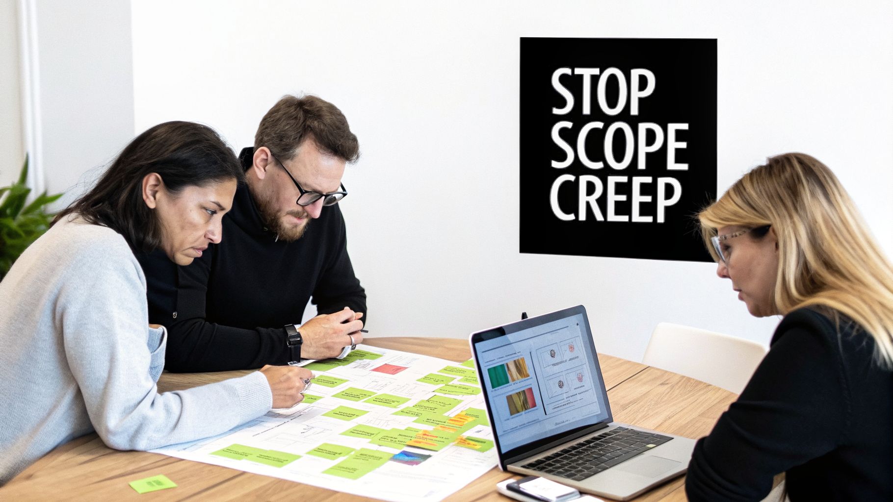 Professionals collaborate on website project planning, reviewing documents and a laptop, with a 'STOP SCOPE CREEP' sign.