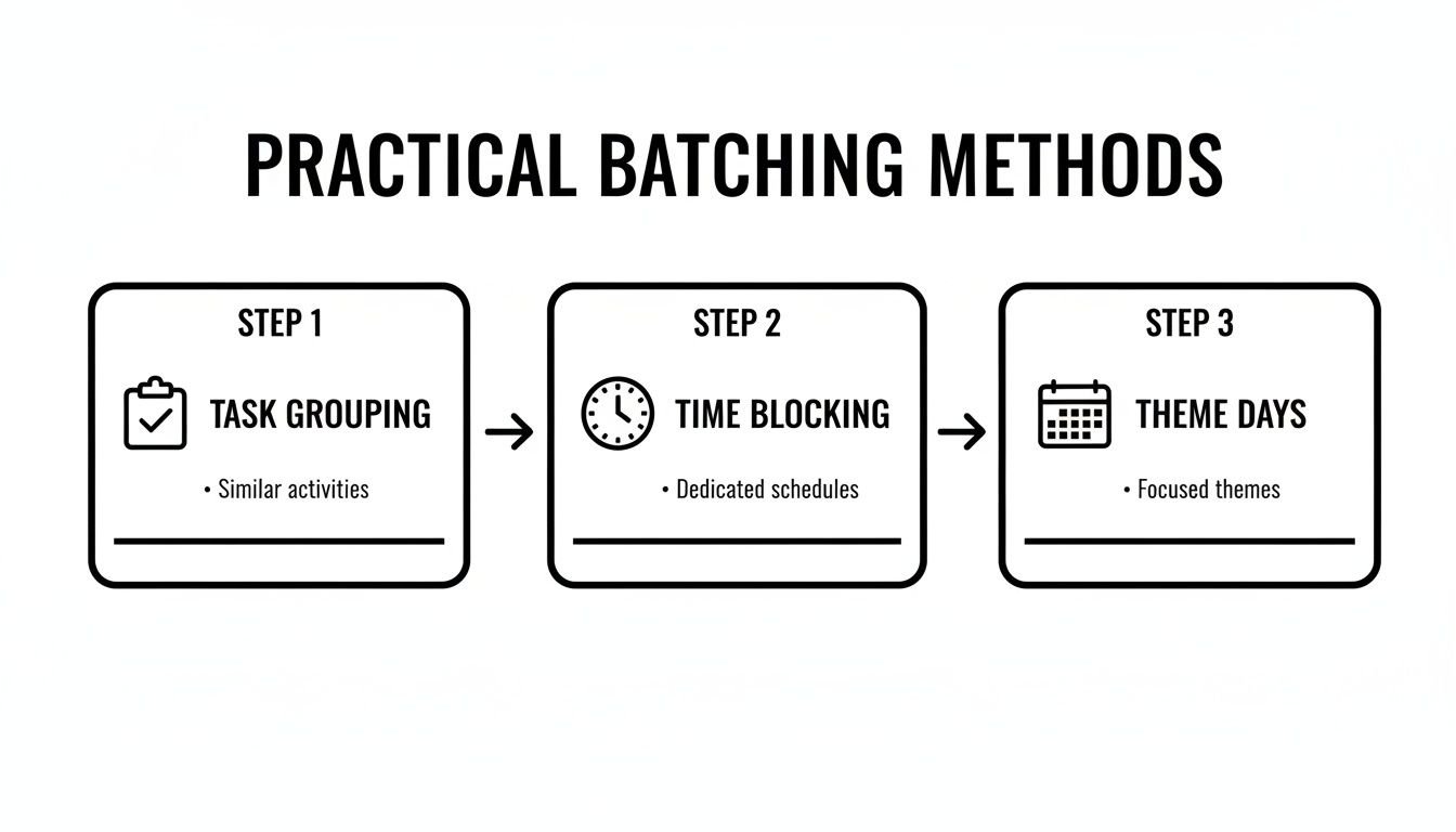A flow chart outlining three practical batching methods: task grouping, time blocking, and theme days.