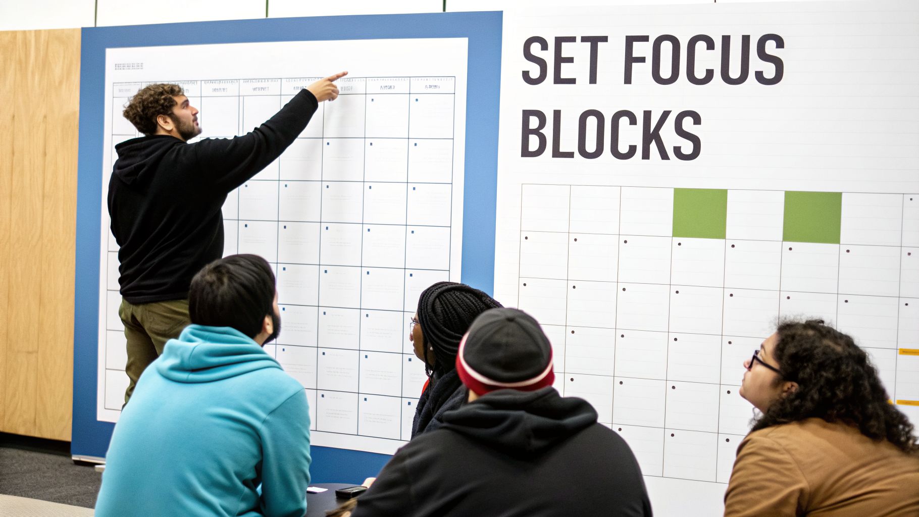 A man points at a large wall calendar while a group watches during a planning session.