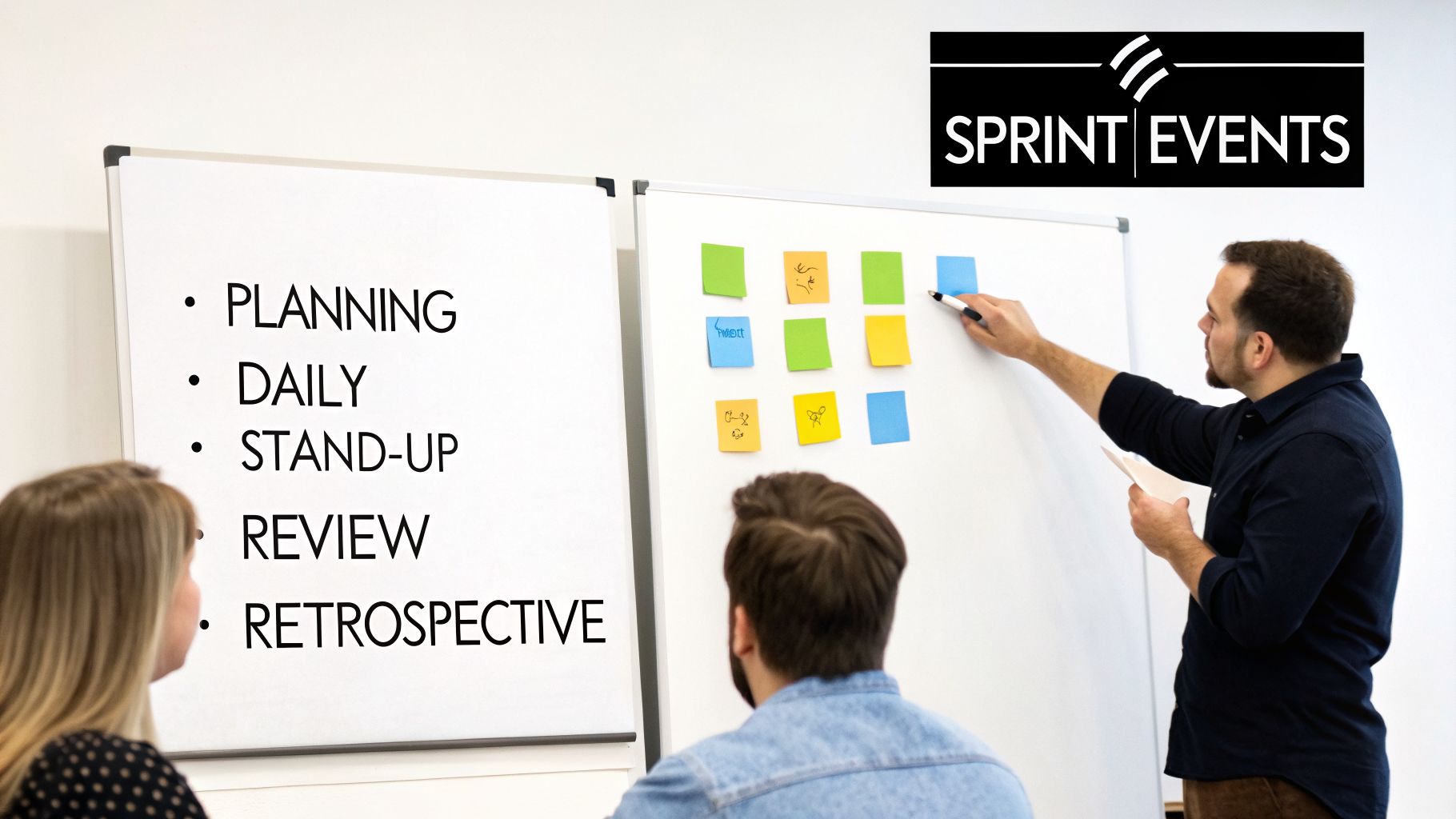 People in an agile meeting, discussing sprint events like planning, daily stand-up, review, and retrospective.