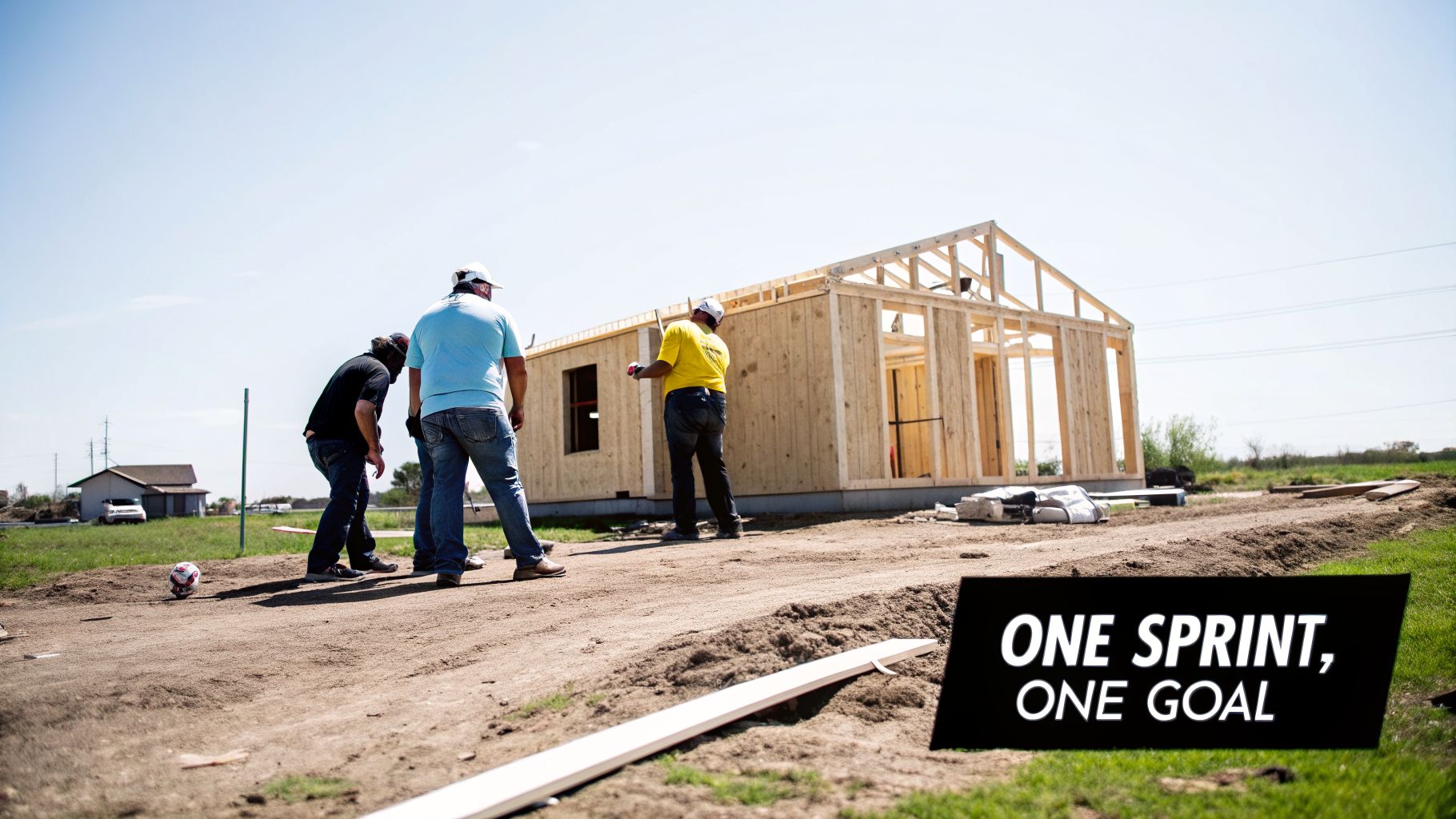 Three men constructing the wooden frame of a house on a sunny day with text "ONE SPRINT, ONE GOAL".