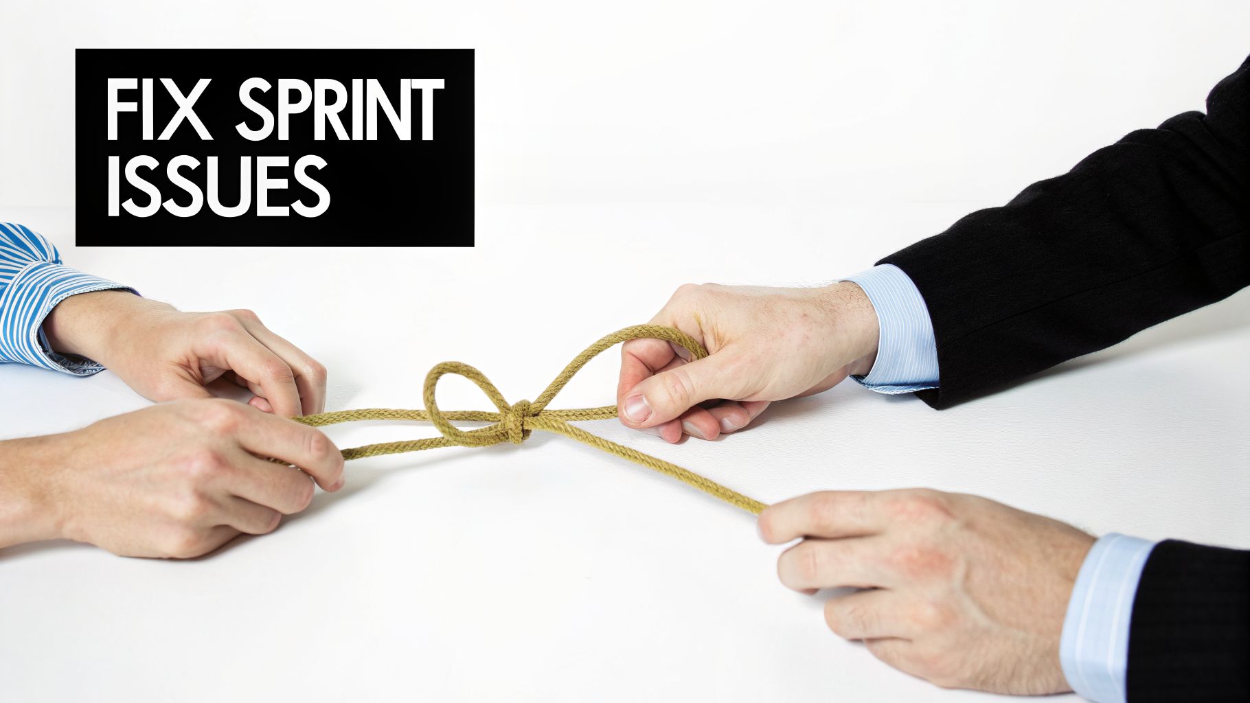 Two people collaborating to untie a complex knot in a rope, symbolizing problem-solving and fixing sprint issues.