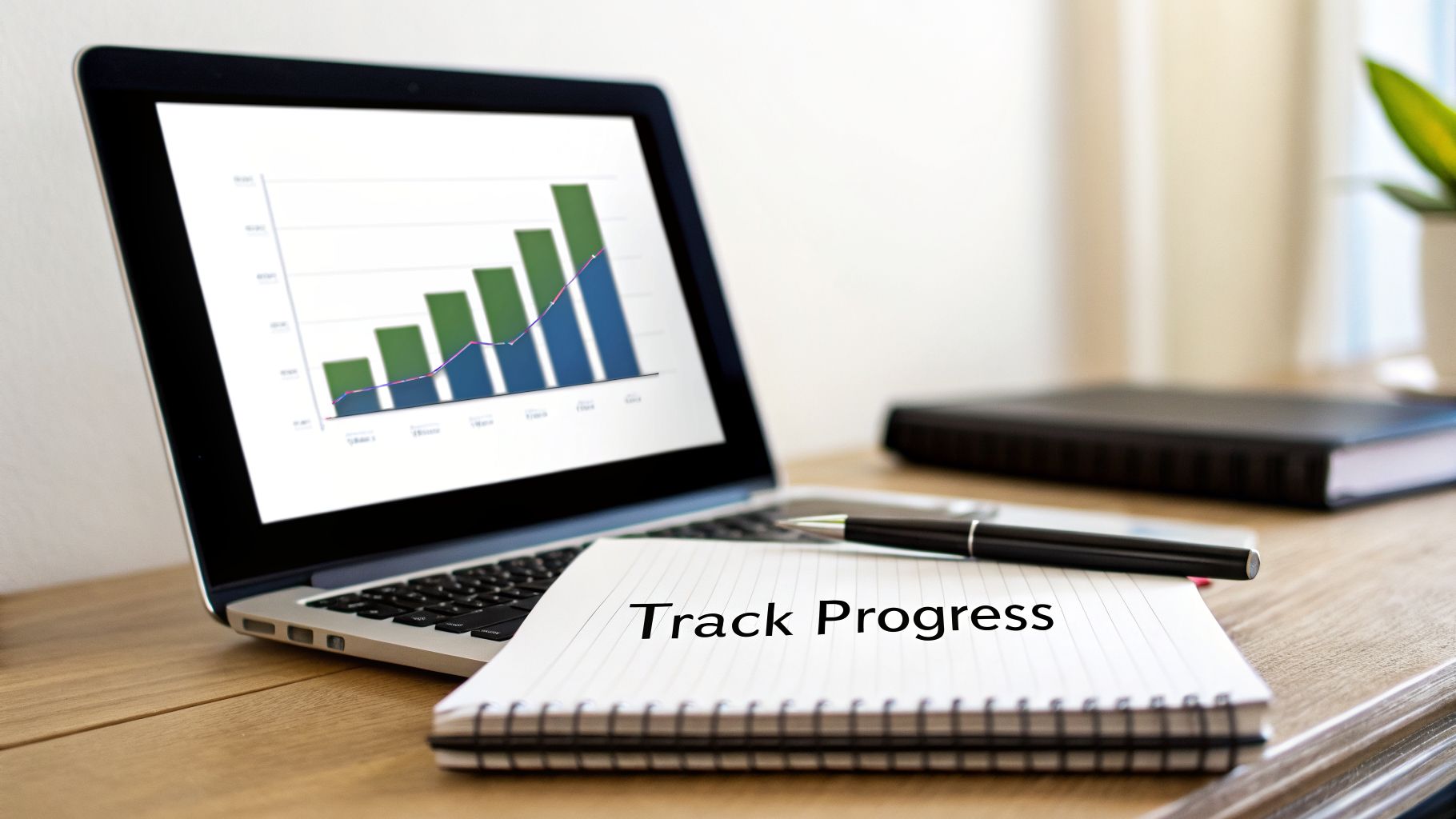 Laptop displaying a progress chart next to a notebook with 'Track Progress' and a pen.
