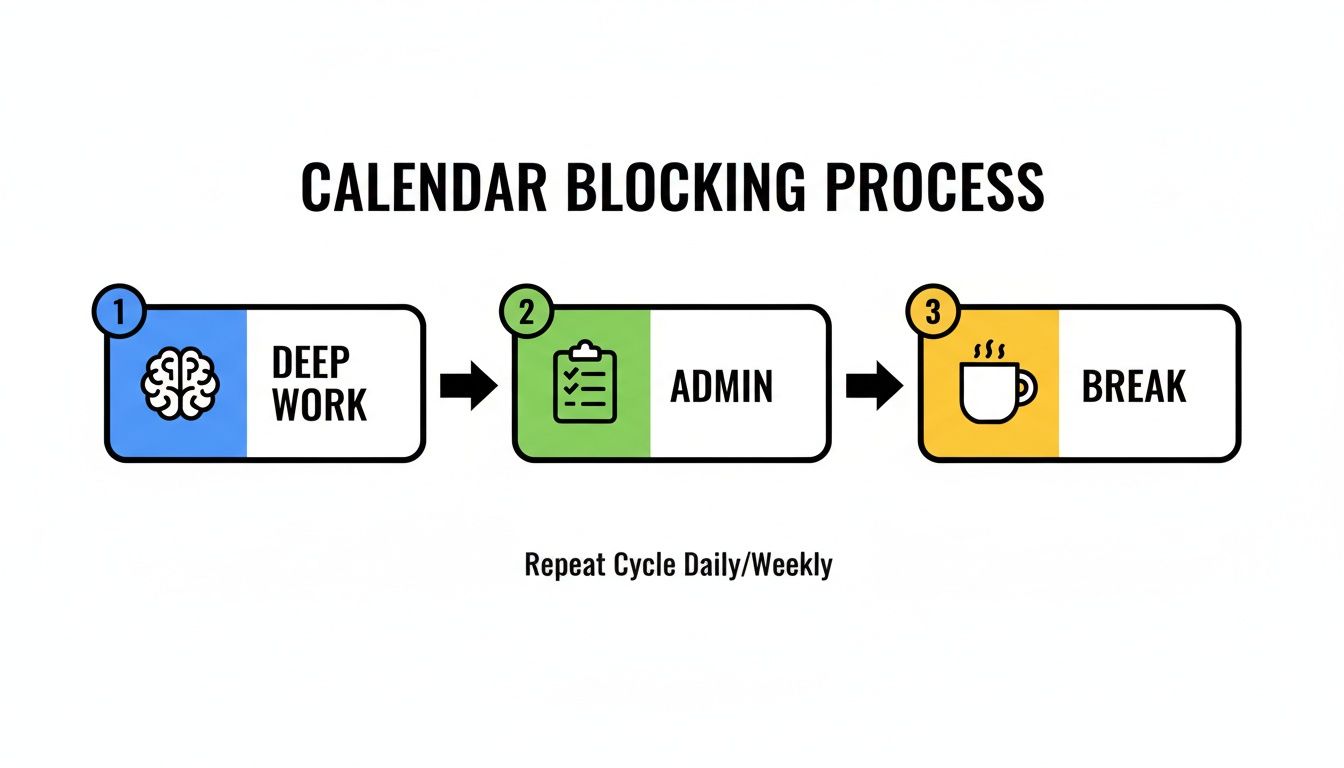 A calendar blocking process diagram showing deep work, admin, and break steps for daily or weekly cycles.
