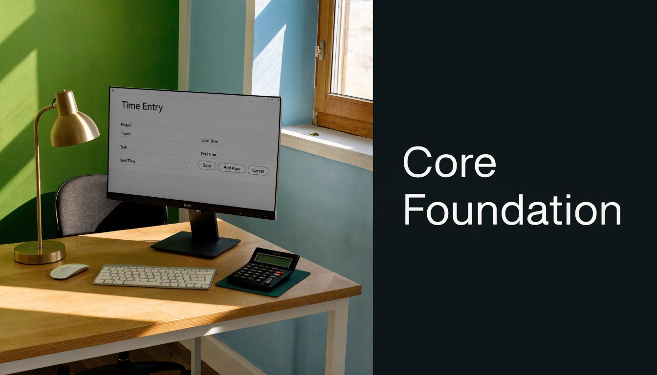 A modern workspace with a computer screen displaying time tracking software on a wooden office desk.