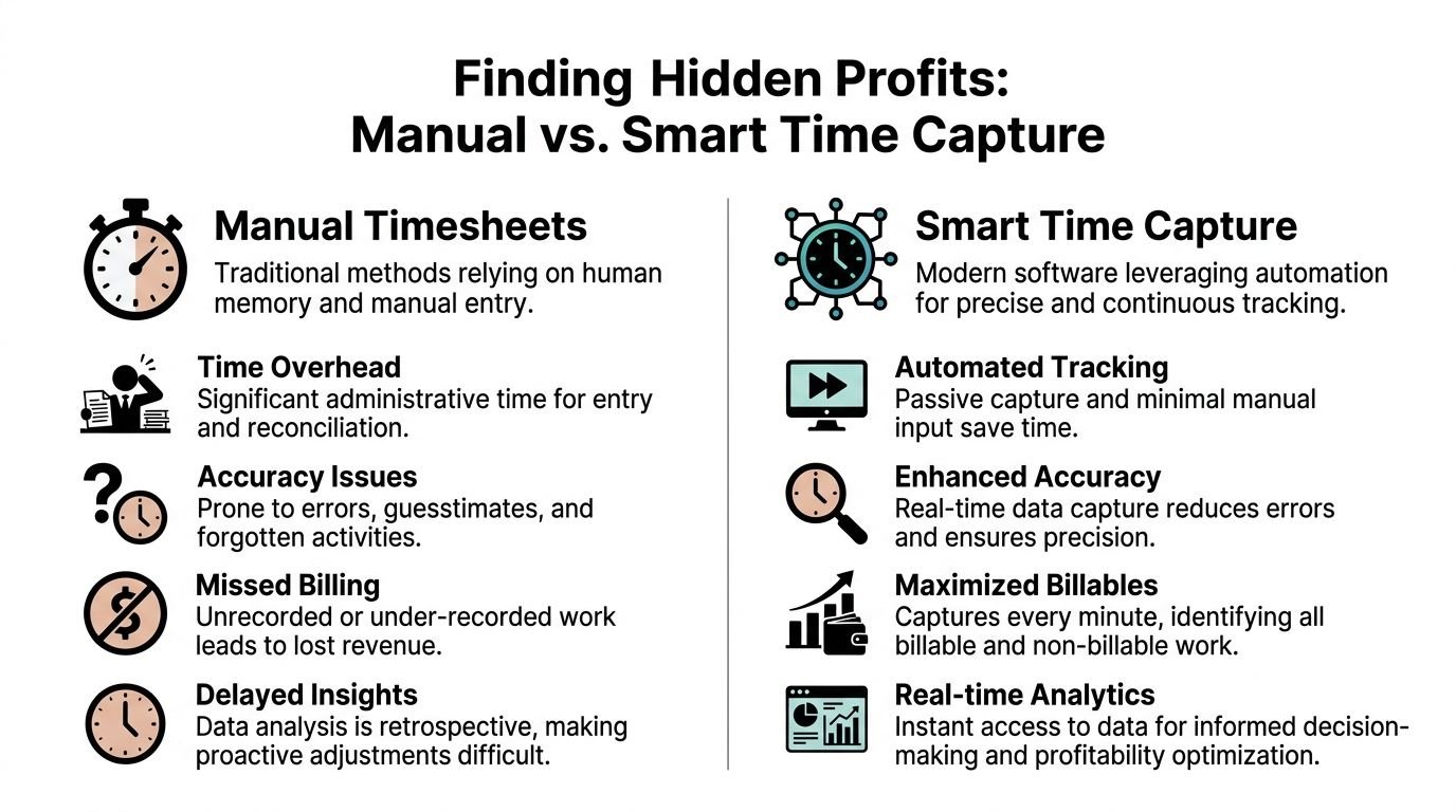 A comparison infographic between manual timesheets and smart time capture software for professional billing optimization.
