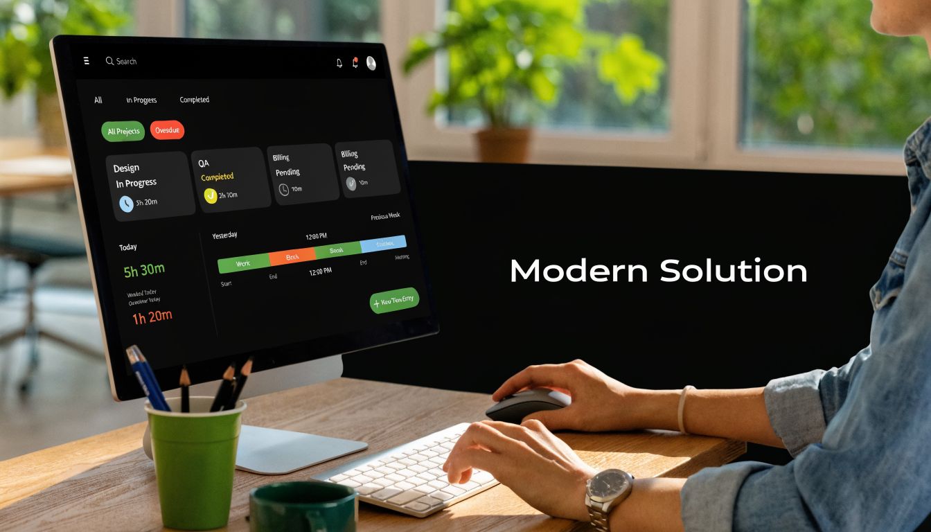 A professional working on a computer using time tracking software to manage projects and daily tasks.