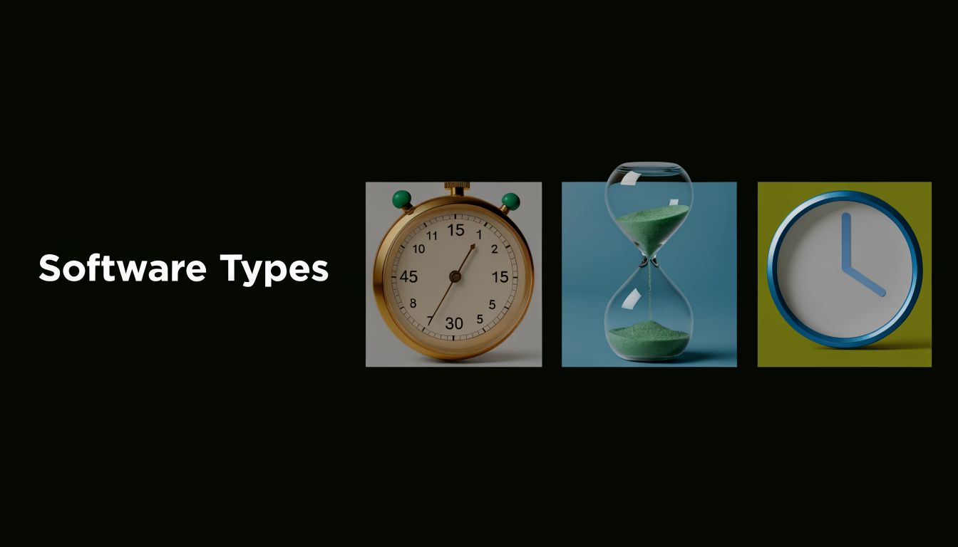 A minimalist graphic displaying the text Software Types next to a stopwatch, hourglass, and analog clock.