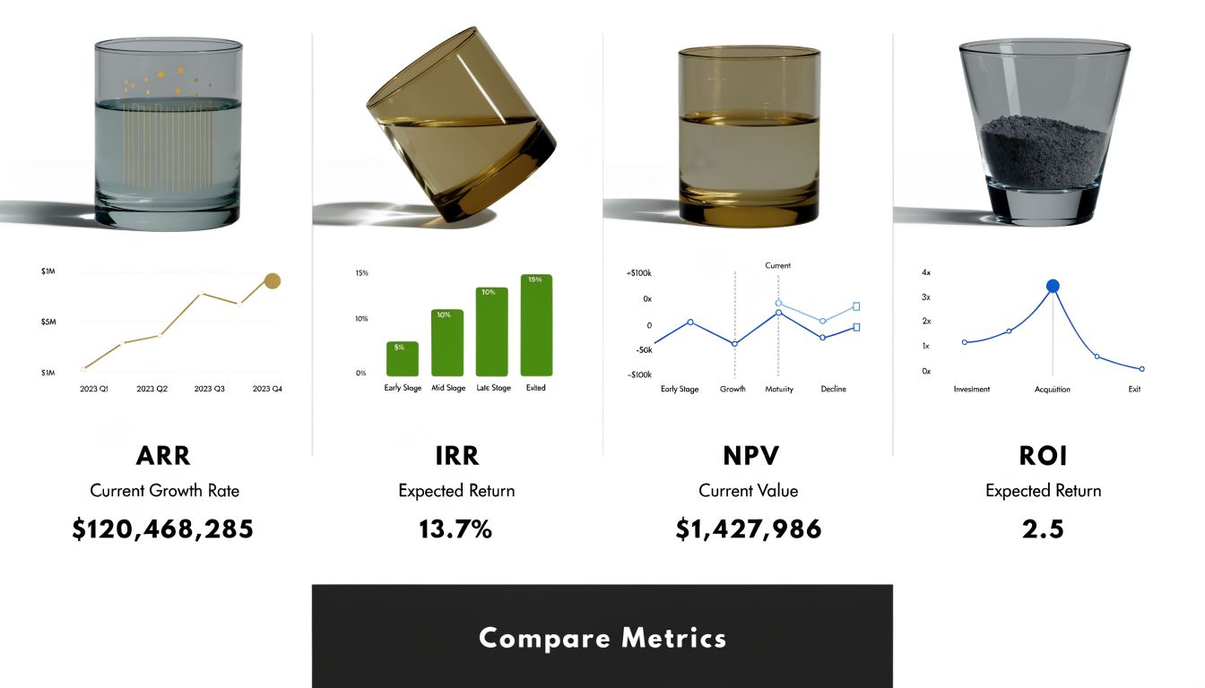 A financial dashboard illustrating business metrics including ARR, IRR, NPV, and ROI using charts and glass icons.