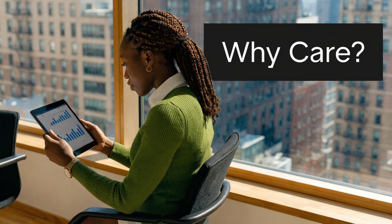 A businesswoman looking at financial charts on a tablet while sitting in a modern office building.