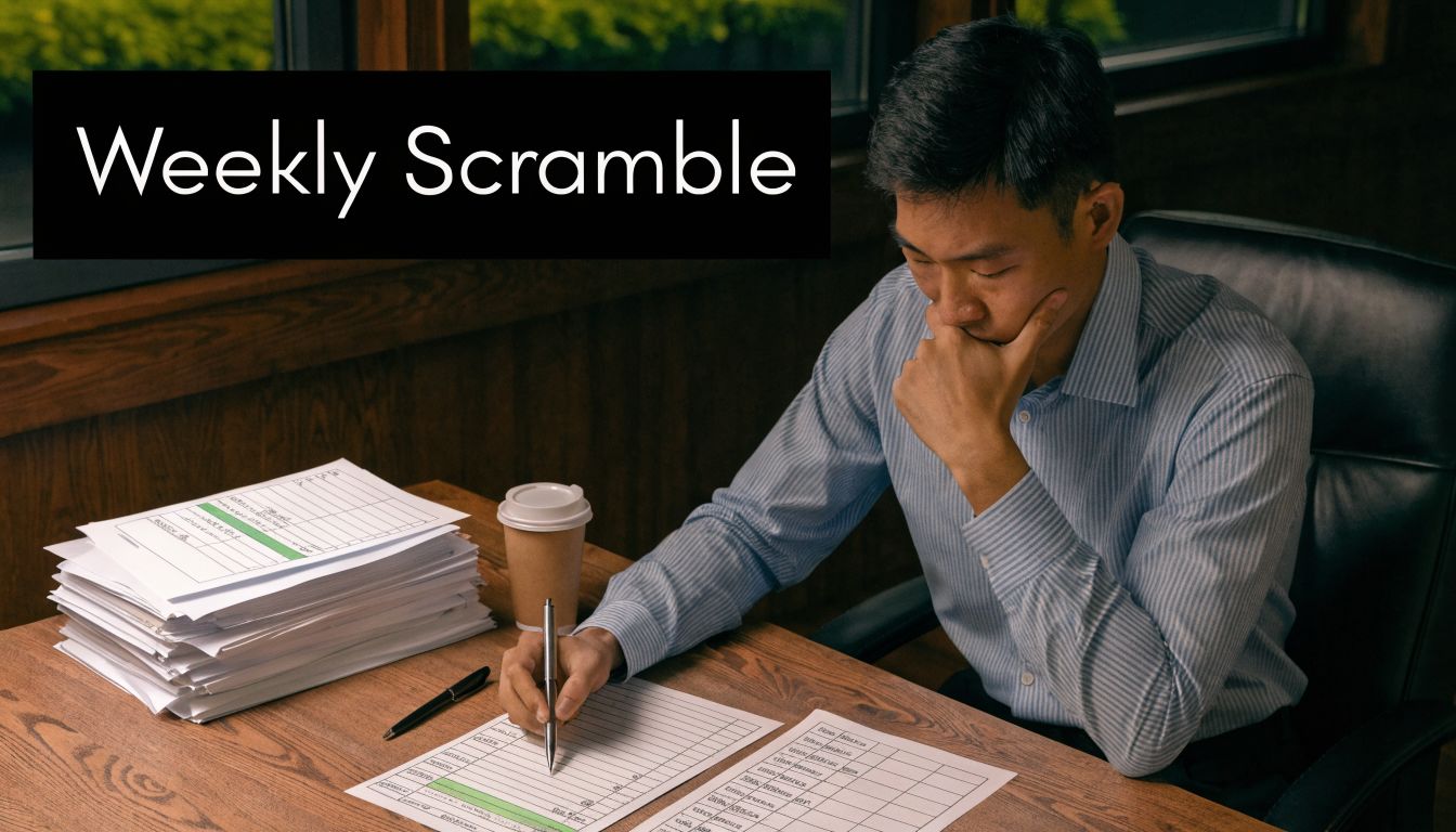 A professional man in a business shirt studying and filling out attorney billing charts at his desk.