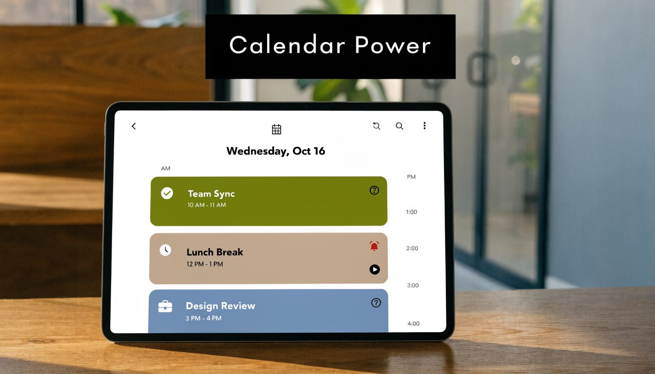 A digital tablet displaying a daily schedule planner app on a wooden desk in a modern office.