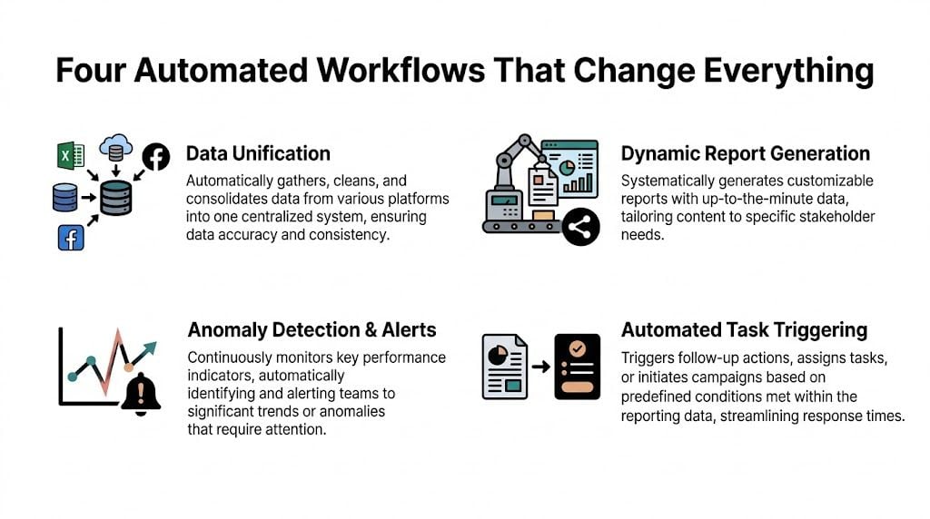 An infographic detailing four automated business workflows for data unification, report generation, anomaly detection, and task triggering.