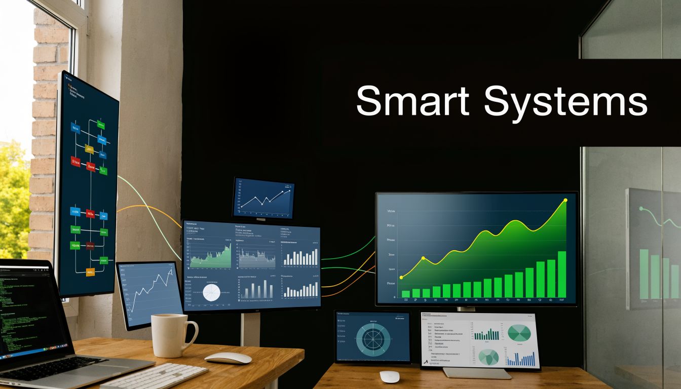 A modern workspace featuring multiple monitors displaying complex data analytics, charts, and automated business reporting software interfaces.