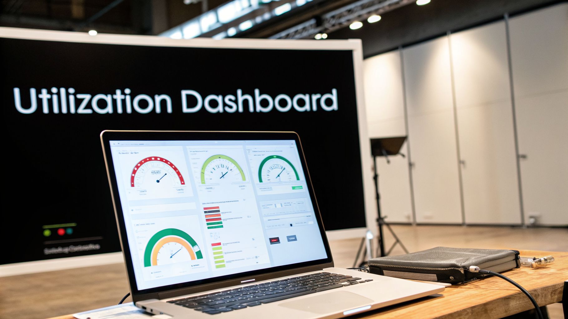 A laptop displays a data utilization dashboard with various gauges and charts, mirroring a large screen in the background.