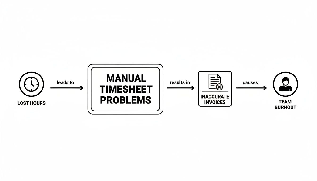 A flow diagram illustrating how lost hours lead to manual timesheet problems, inaccurate invoices, and team burnout.