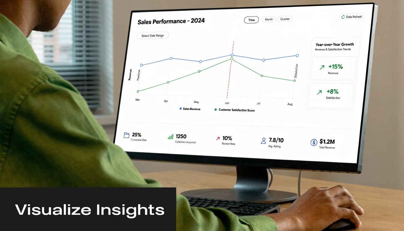 A person looking at a computer screen displaying a dashboard with sales performance graphs and business metrics.