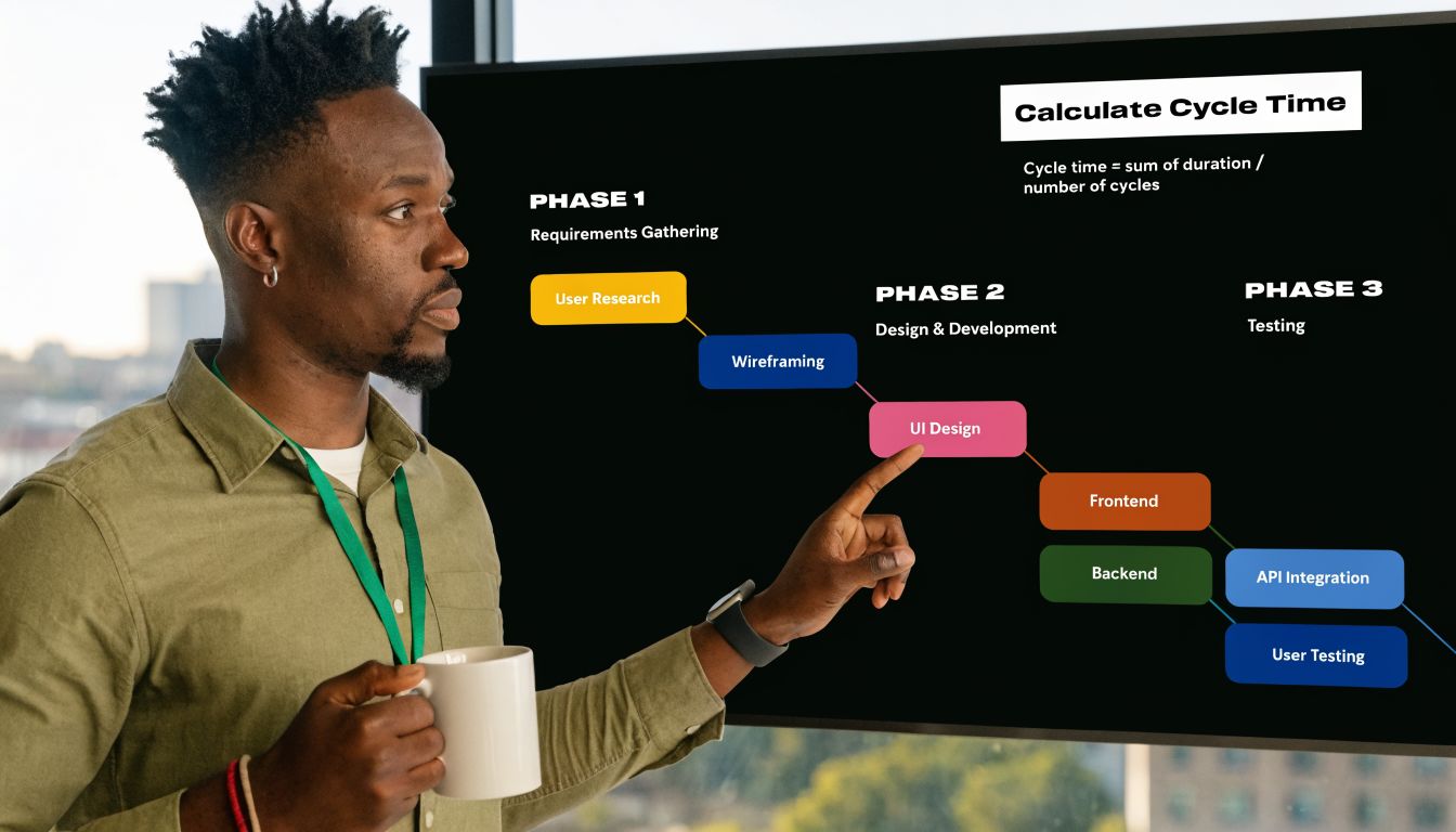 A professional gesturing towards a project management diagram illustrating software development phases and cycle time calculations.