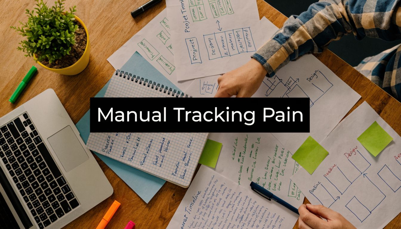 A professional working at a desk filled with sketches and notes, highlighting the challenges of manual tracking.