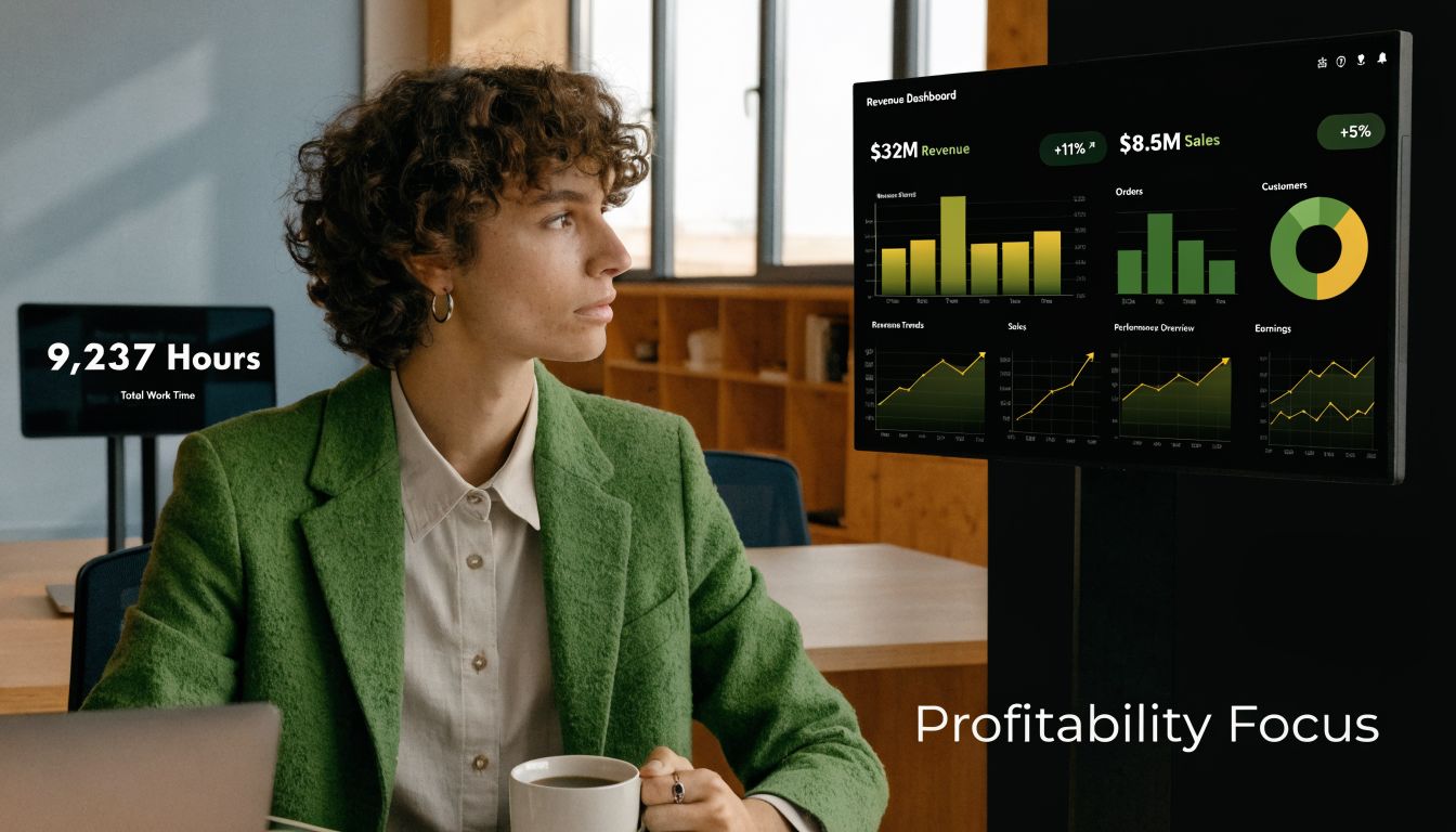 A professional woman in a green blazer looking at digital business dashboards showing revenue and performance data.