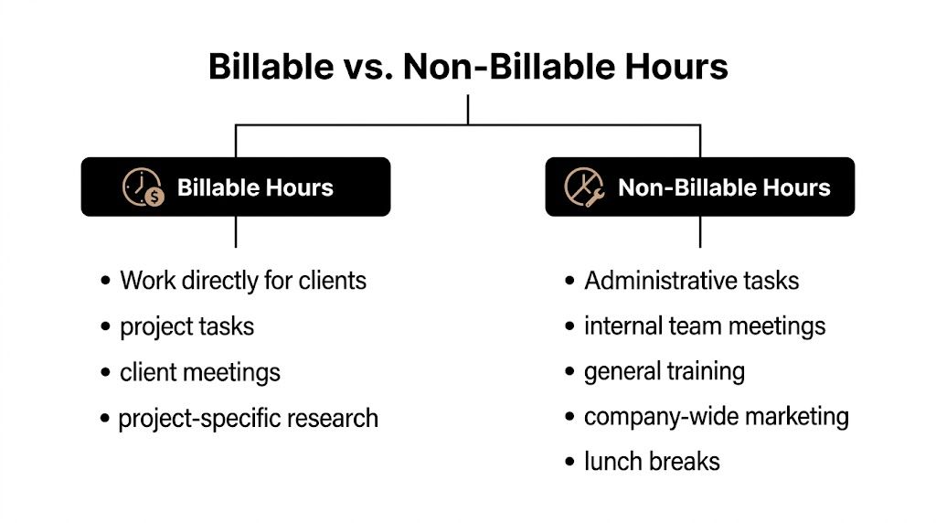 A chart comparing billable hours versus non-billable hours with examples of tasks for each category.