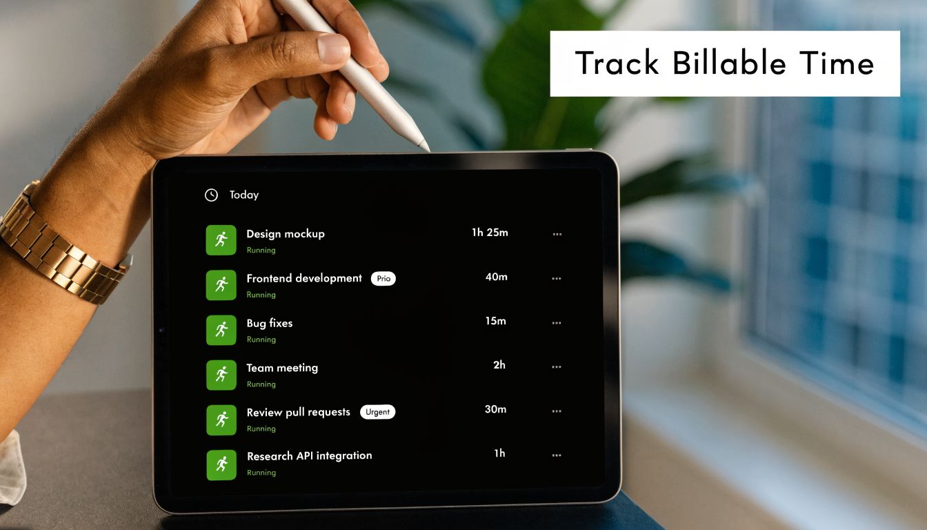 A hand using a digital pen on a tablet screen showing a list of tracked billable tasks.