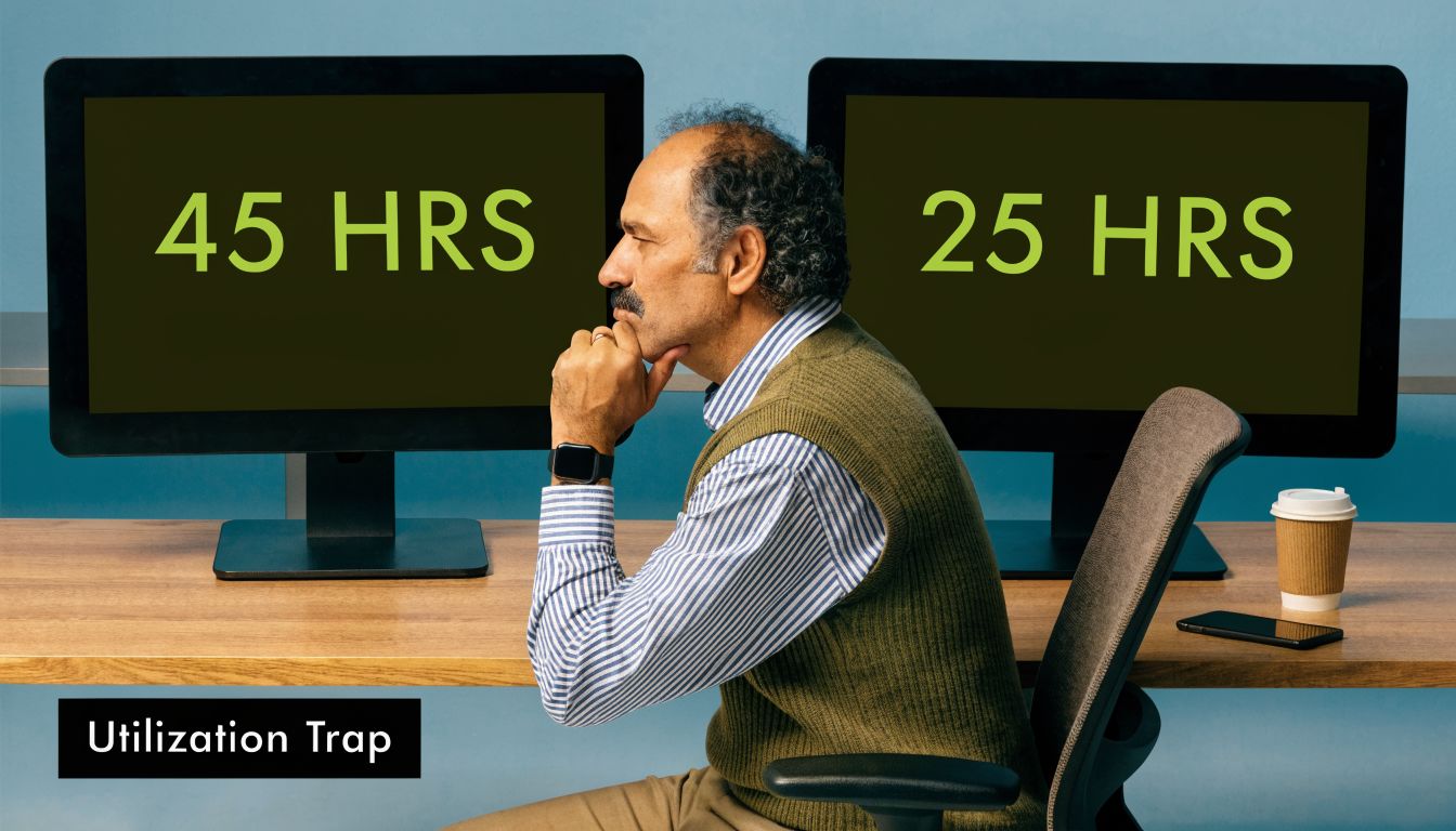 A contemplative man sitting at a desk with two computer screens displaying 45 hours and 25 hours.