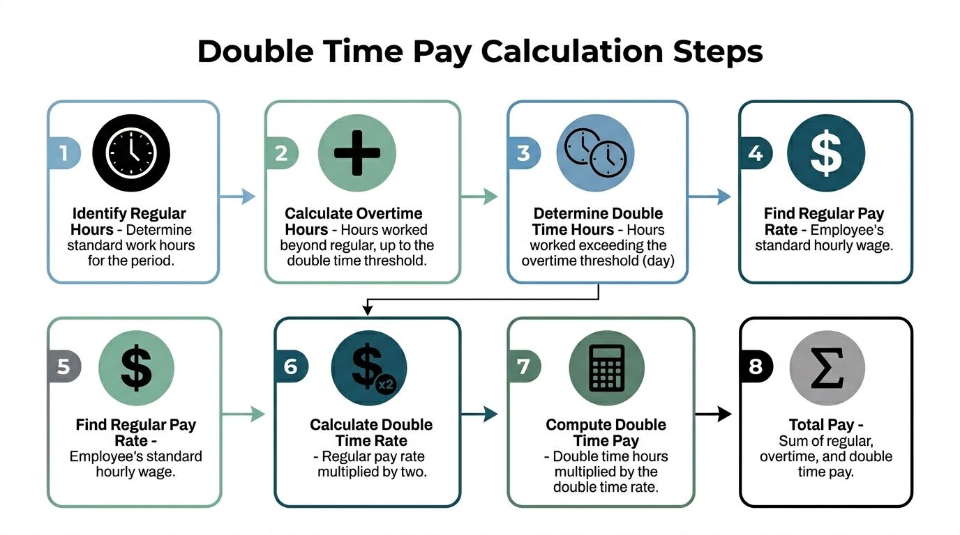 A flowchart infographic showing eight sequential steps to calculate double time pay for an employee's salary.