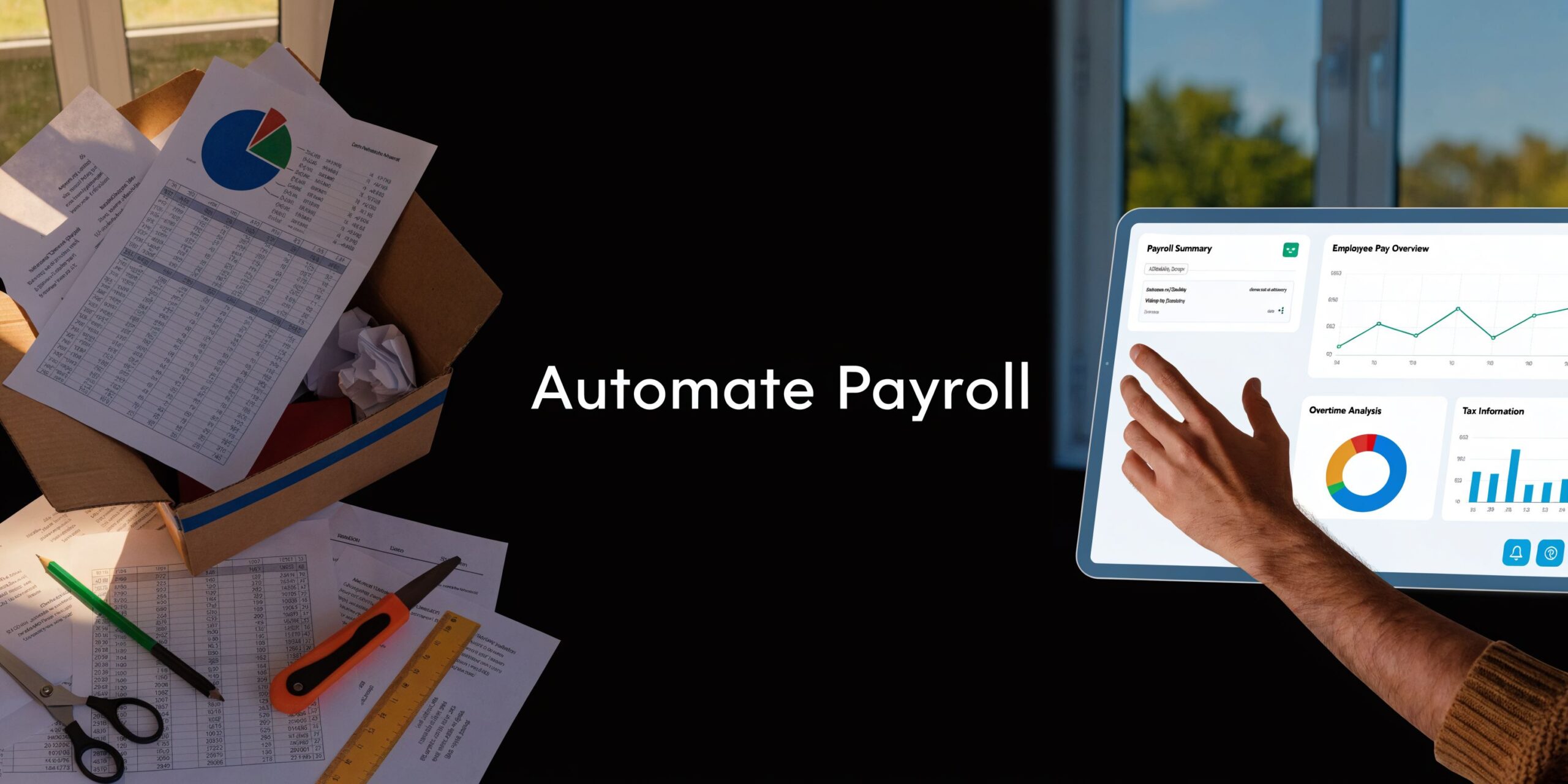 A conceptual image contrasting messy paper documents with a digital tablet displaying an automated payroll summary dashboard.