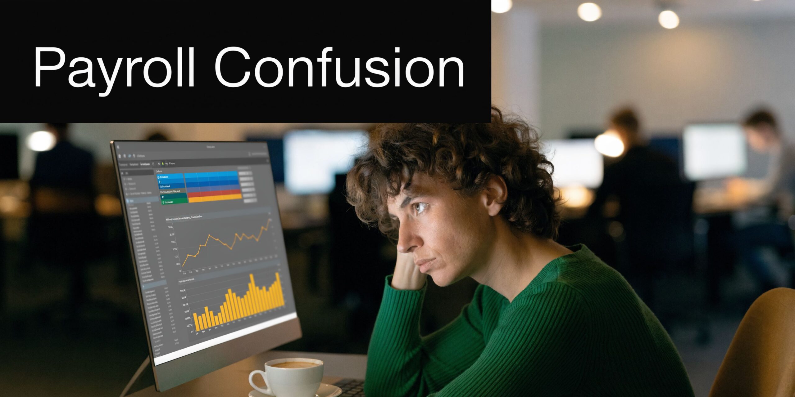 A person with curly hair looking confused at a computer screen displaying complex payroll data and charts.