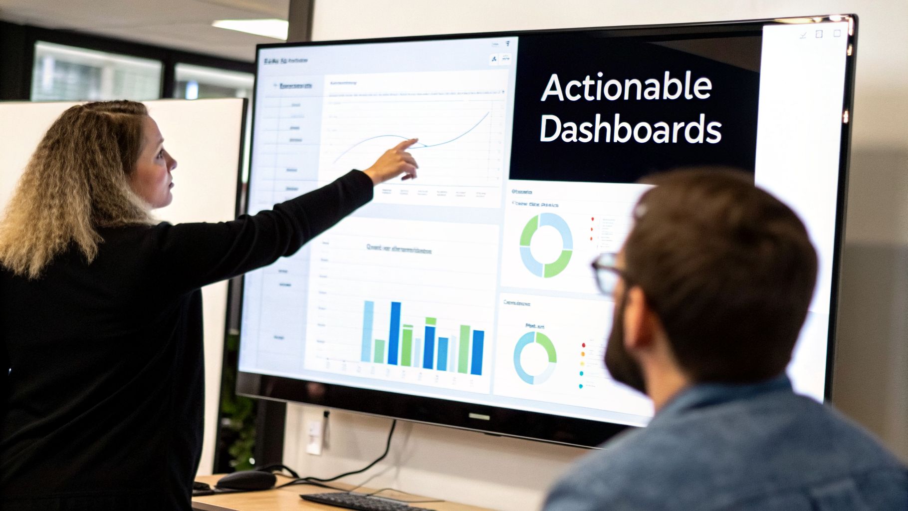 A woman points at a large screen showing data dashboards with charts and graphs to a man.