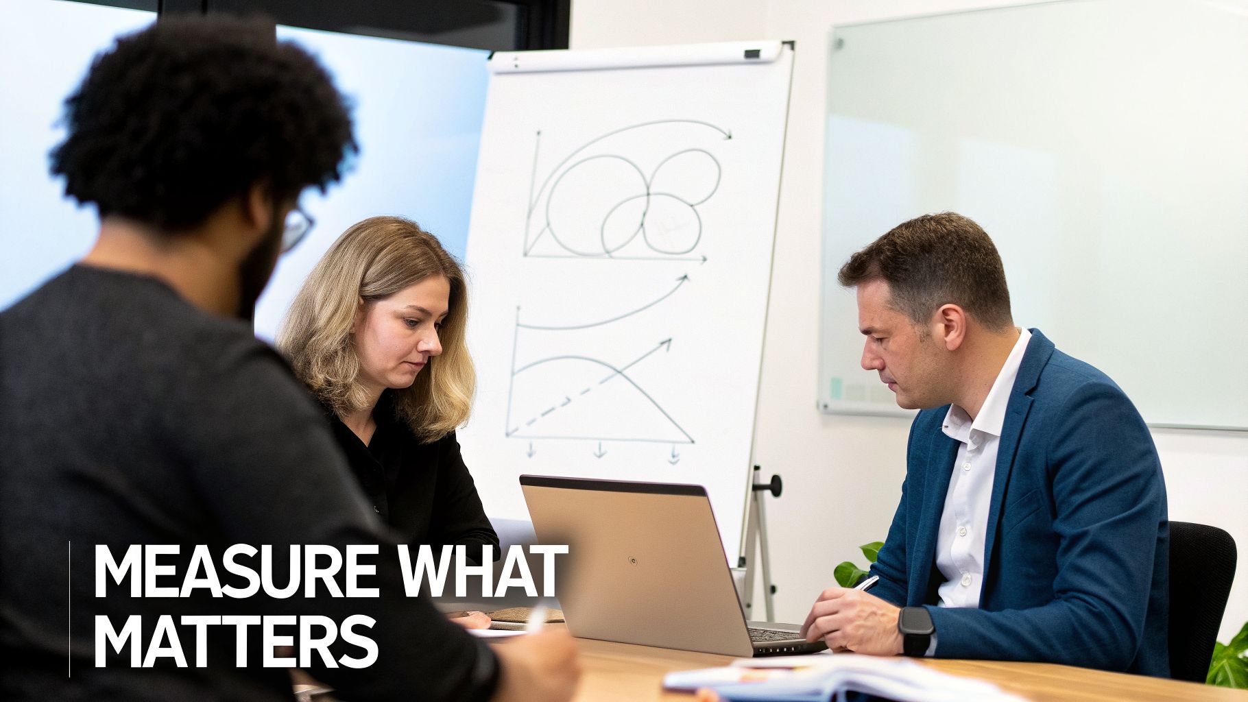 Professionals collaborate, analyze data on laptops, and discuss metrics in a modern office meeting.