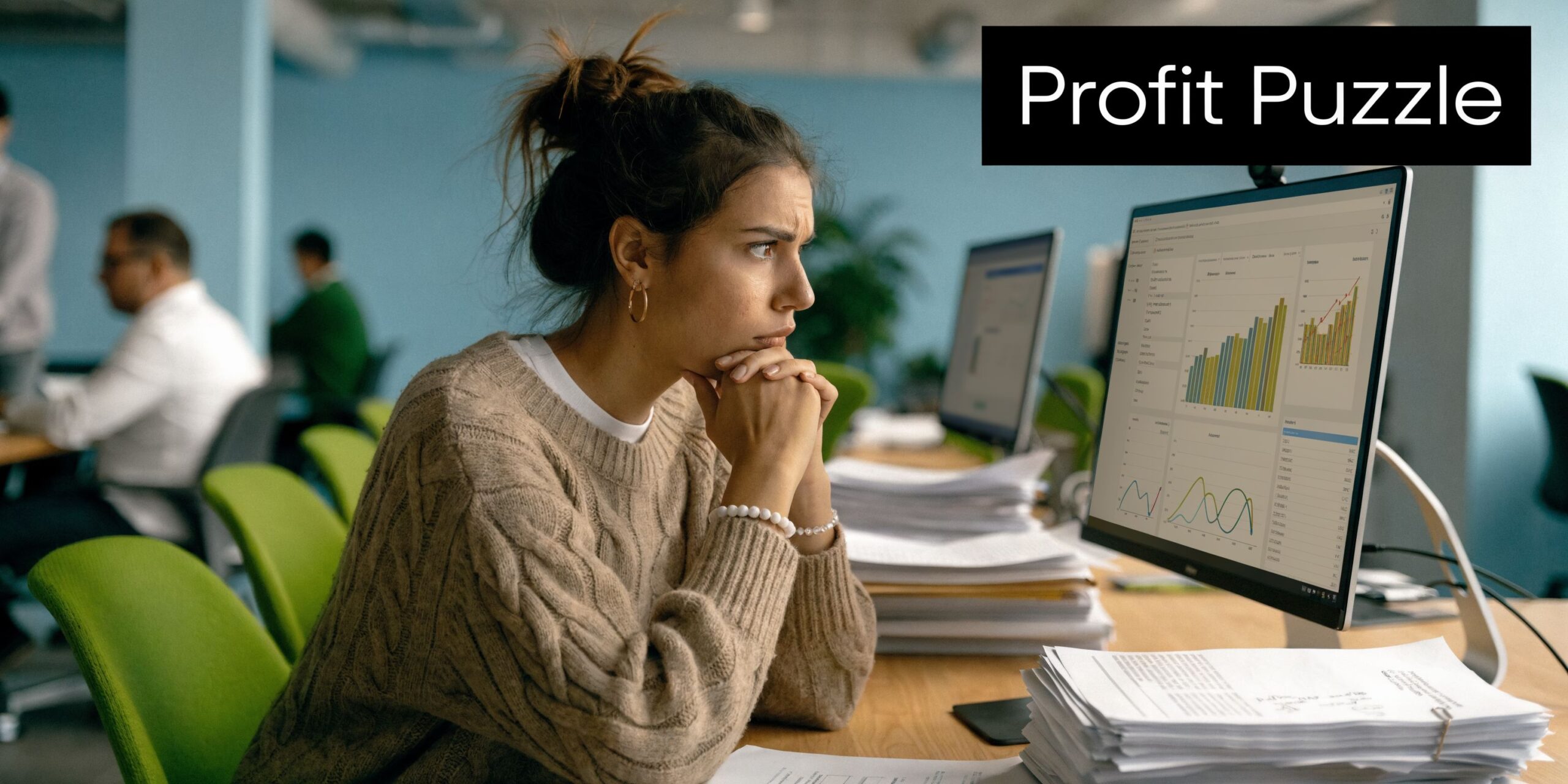 A focused woman analyzing complex business data charts and financial graphs on her computer screen at work.