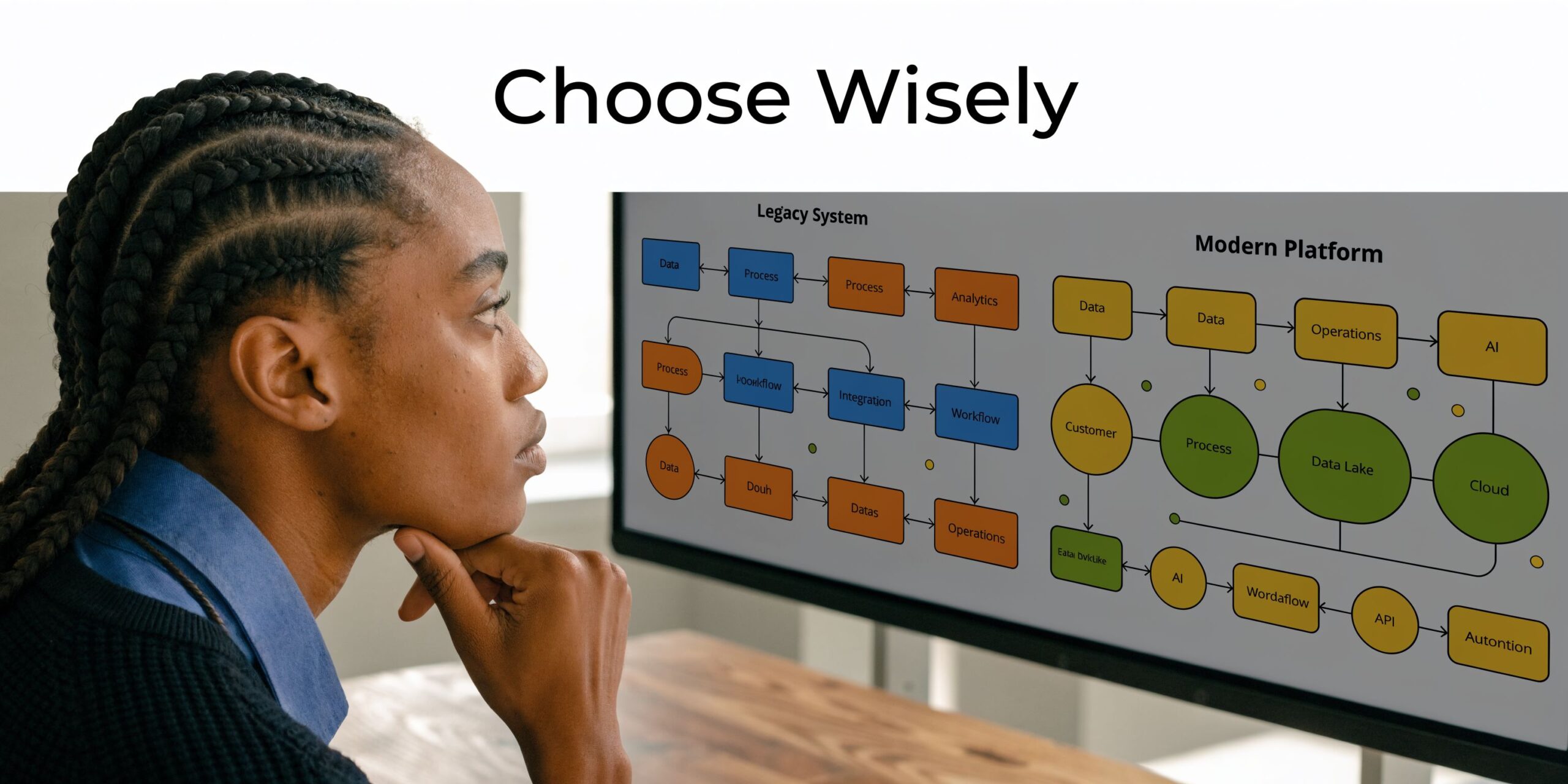A professional woman thoughtfully analyzing a comparison chart between legacy systems and modern digital platforms.