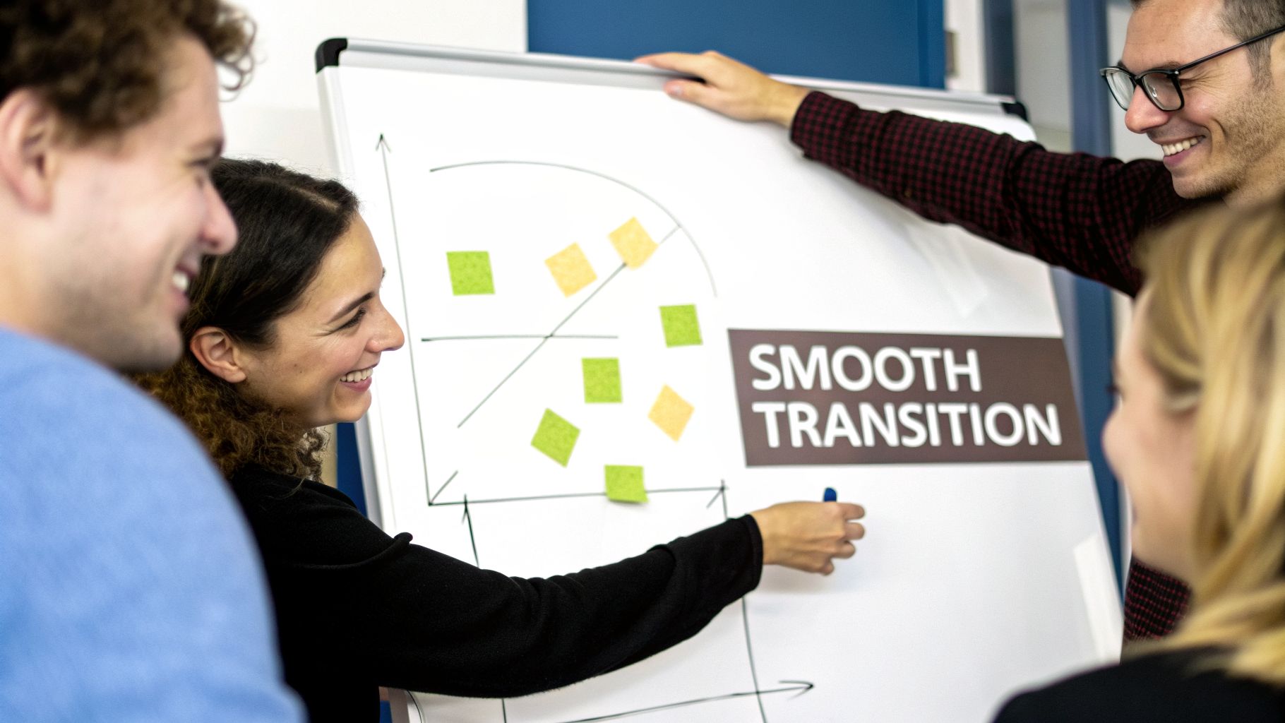 Smiling diverse professionals collaborate on a whiteboard with sticky notes and a 'SMOOTH TRANSITION' sign.