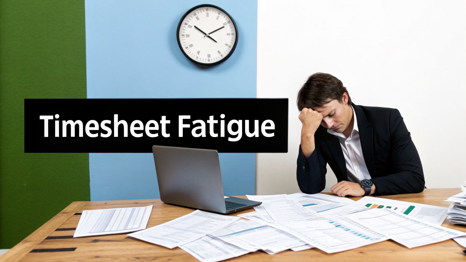 A man looking fatigued at a desk with papers and a laptop, with a clock and 'Timesheet Fatigue' text.