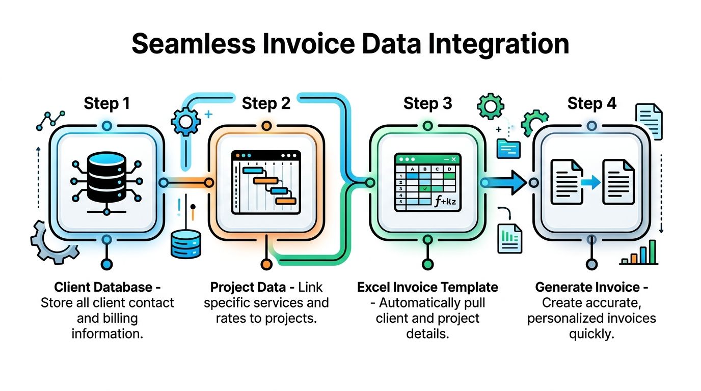 A four-step infographic illustrating the seamless process of integrating client and project data into Excel to generate professional invoices.