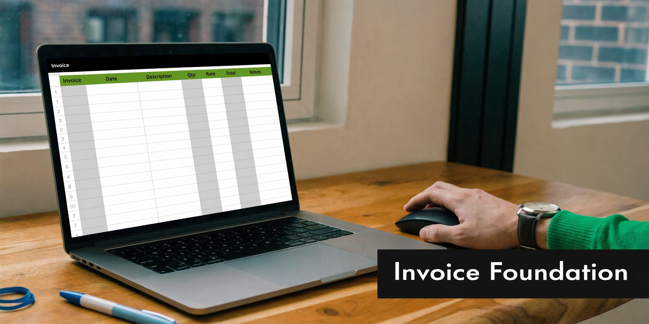 A person using a laptop to create an invoice template in a spreadsheet program on a wooden desk.
