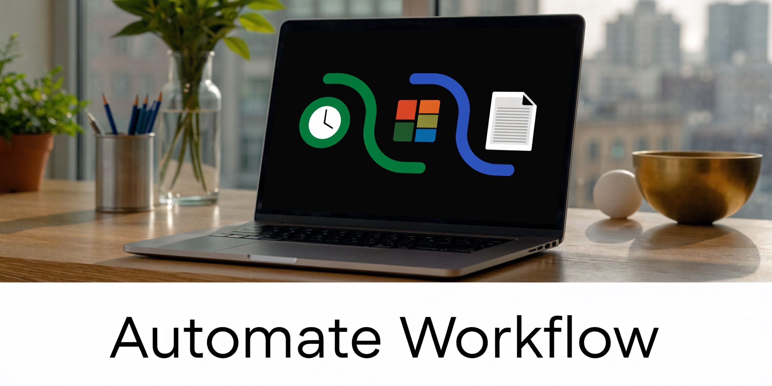 A laptop on a desk showing an automation icon sequence connecting time, Windows, and document symbols.