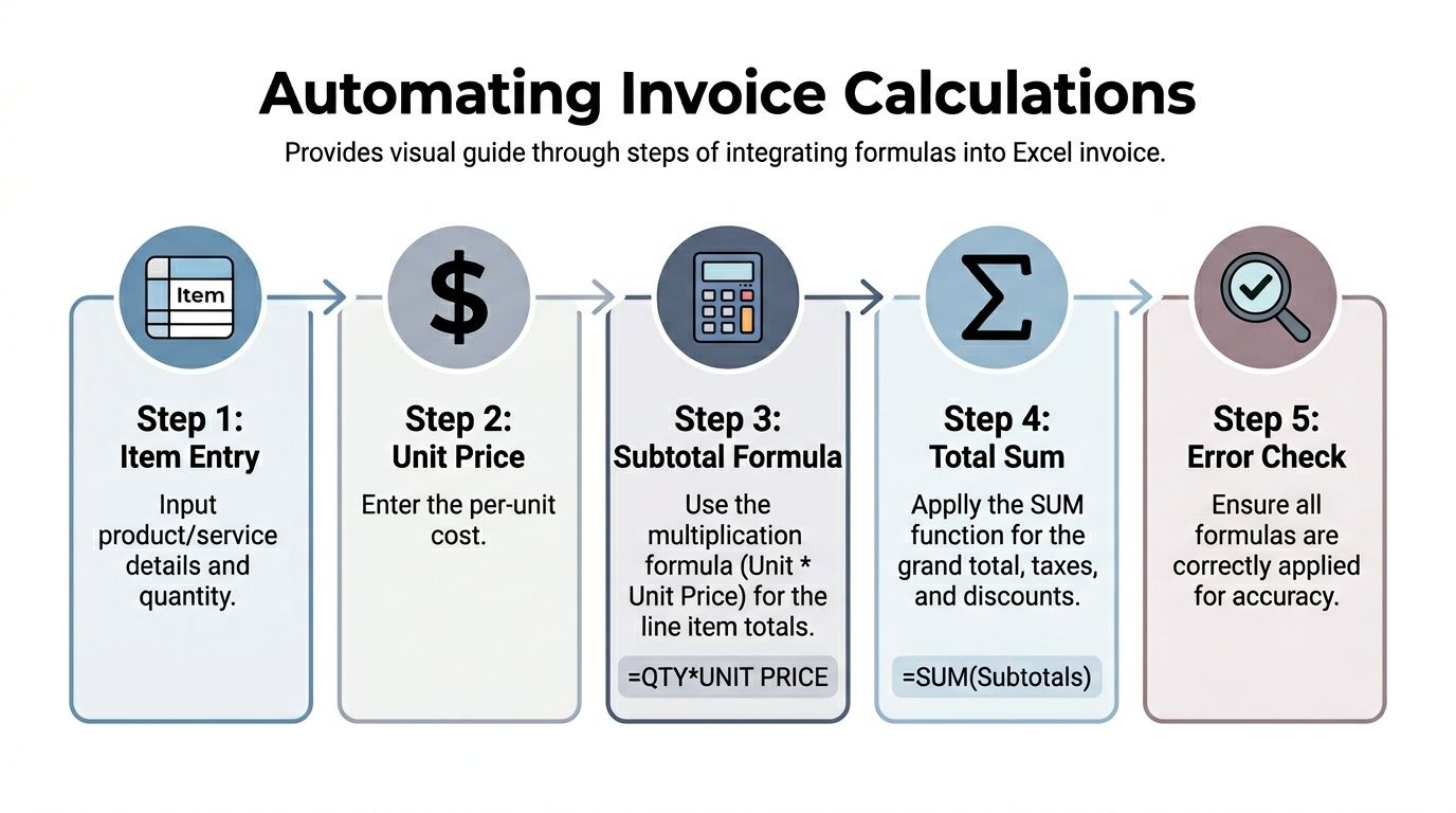 A five-step flowchart illustrating how to automate invoice calculations in Microsoft Excel using formulas.