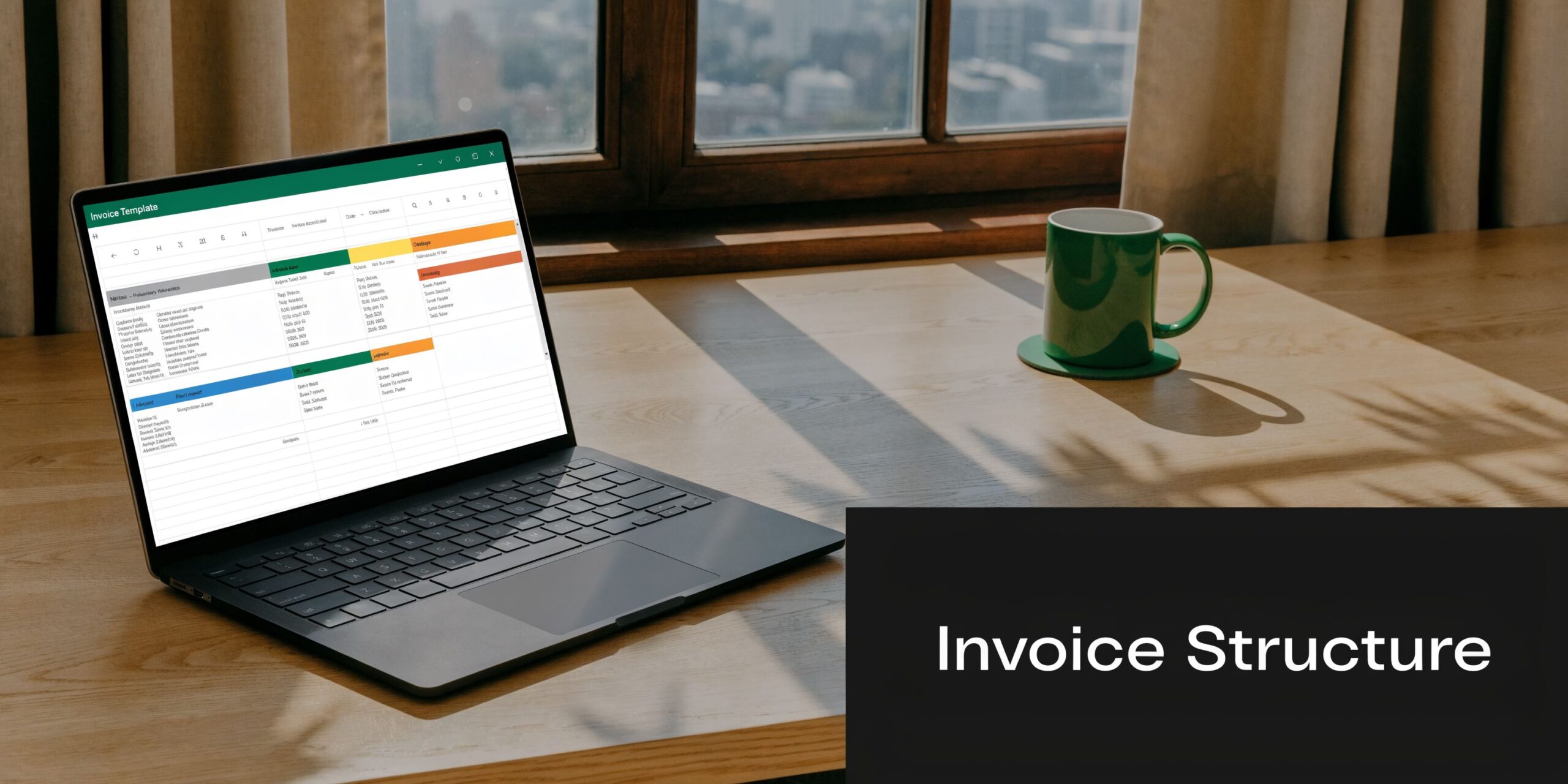 A modern laptop displaying an invoice template spreadsheet on a wooden desk with a green coffee mug.
