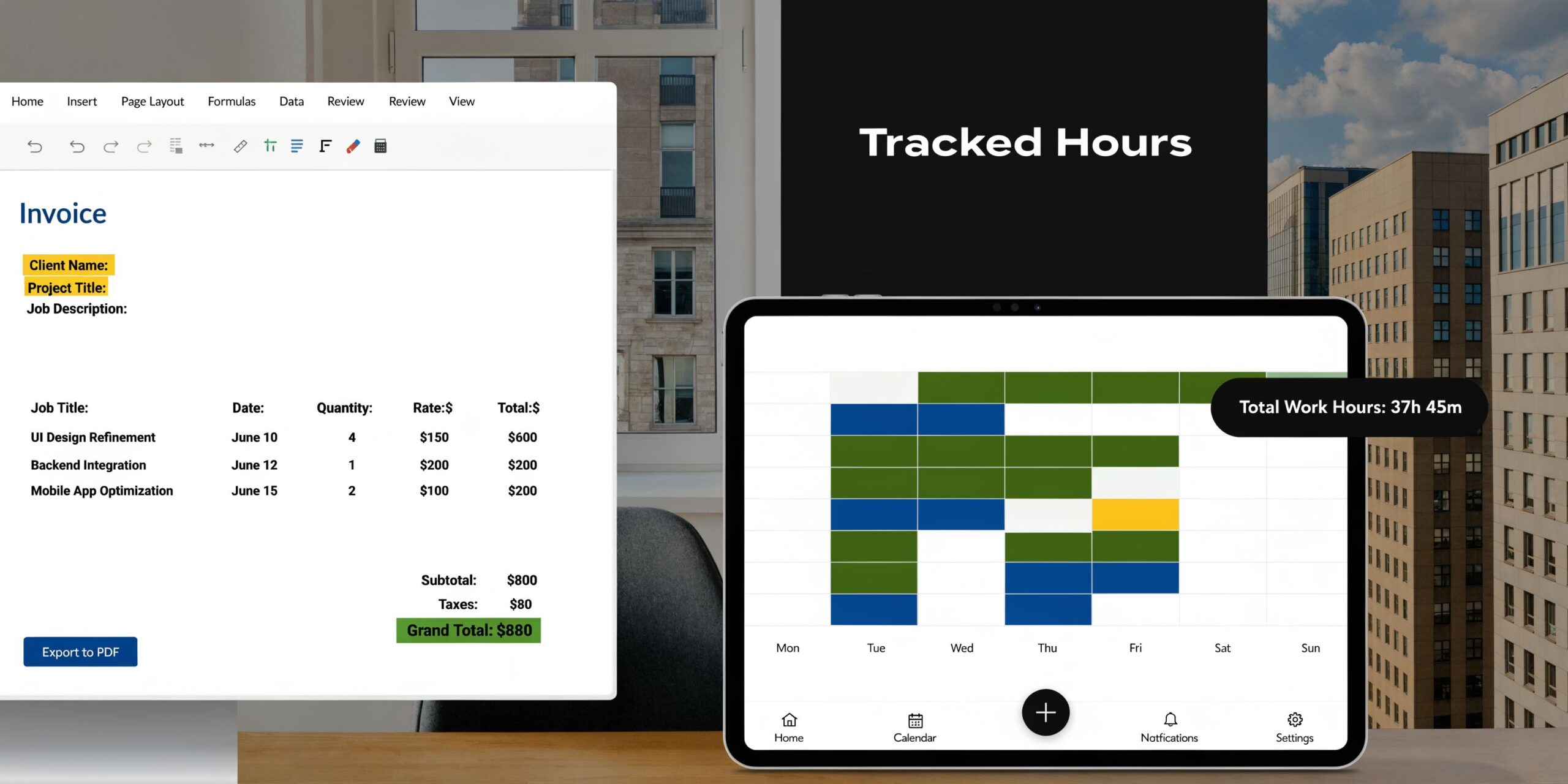 A dual-screen setup showing an Excel invoice template on one side and a tablet displaying time tracking software.
