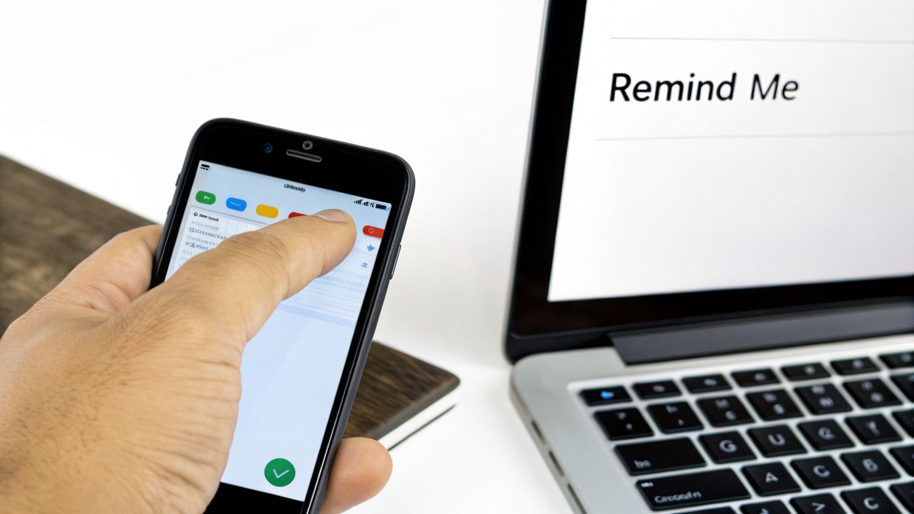 A hand interacts with a smartphone while a laptop screen displays 'Remind Me'.
