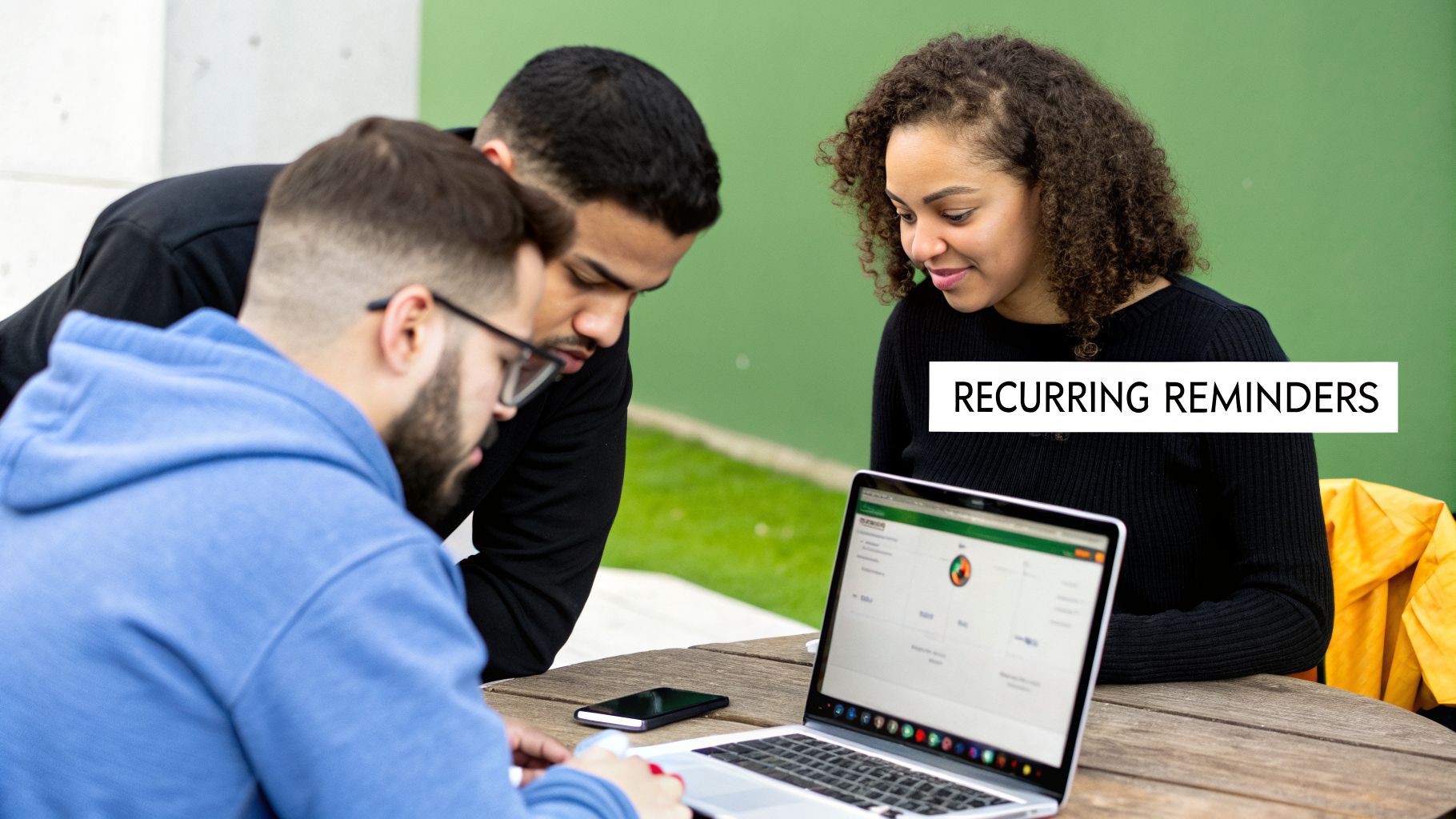 Three young professionals collaborating outdoors, looking at a laptop with charts and discussing reminders.