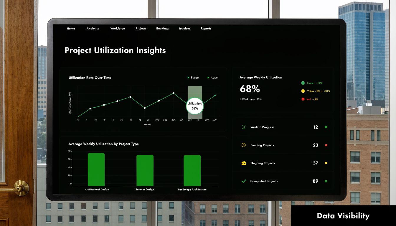 A digital dashboard showing project utilization insights with graphs and project statistics on a dark screen.