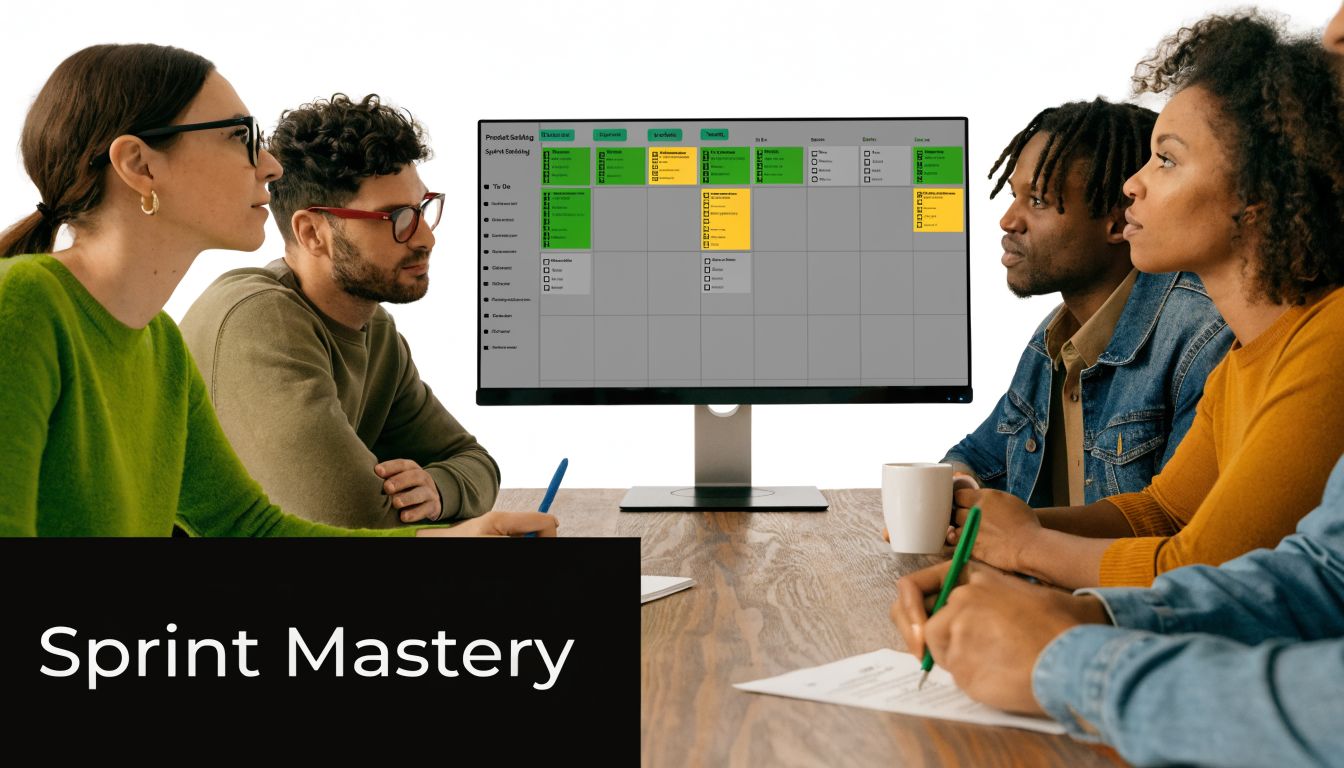 A diverse group of professionals collaborates around a table in front of a digital project management board.