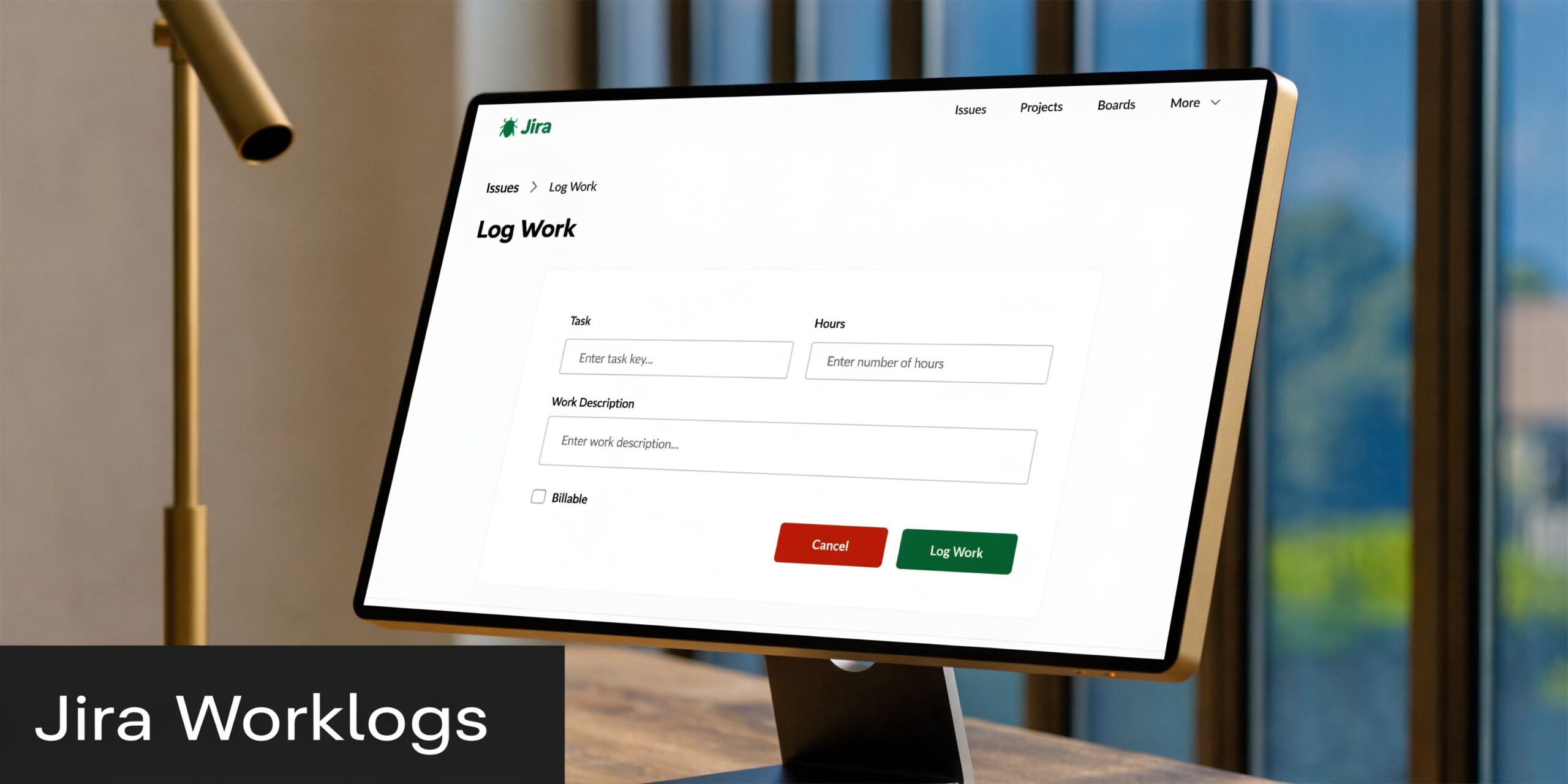 A computer screen showing a Jira interface for logging work hours with task and description input fields.